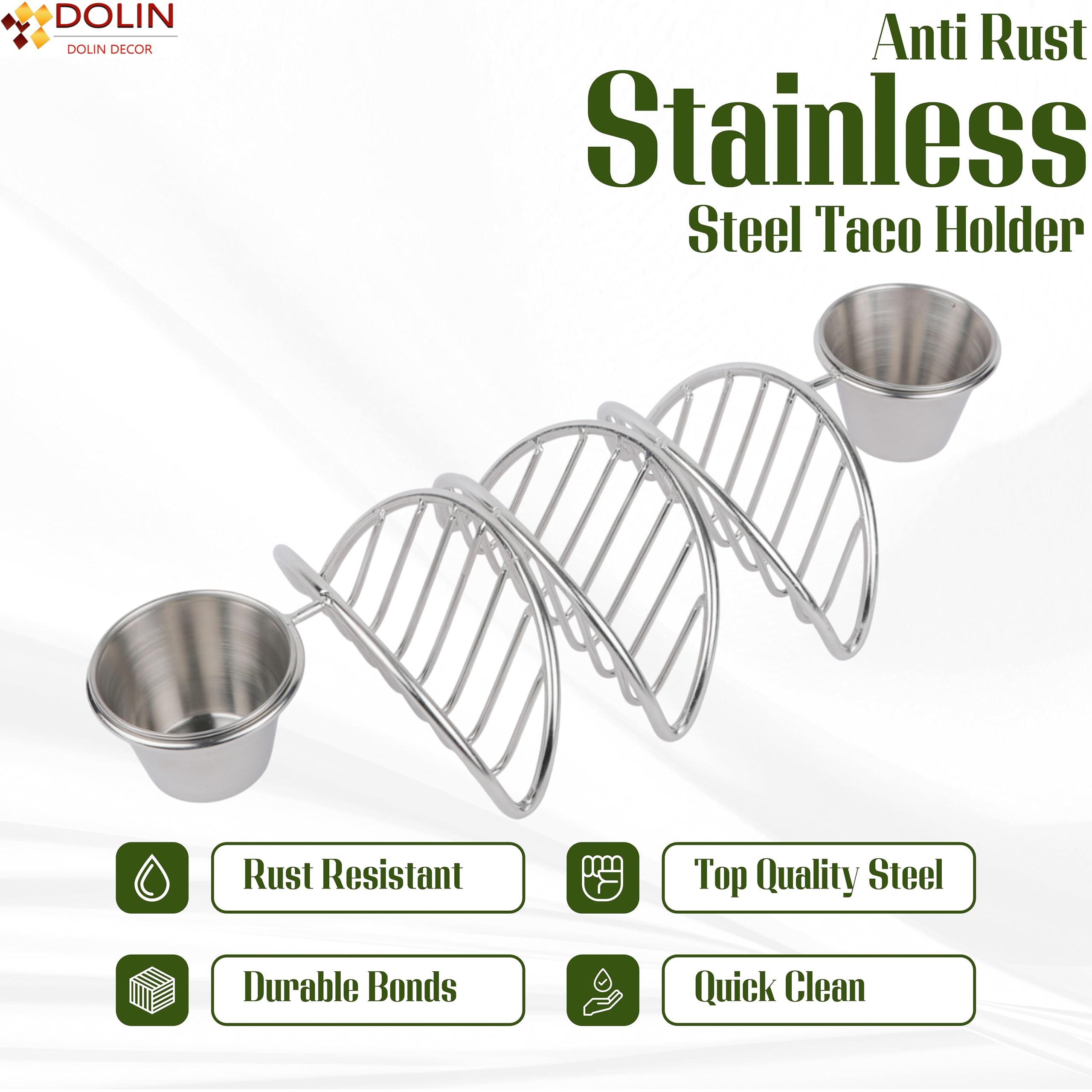 Dolin Decor Premium Stainless Steel (Ss) Taco Holder Stand with Two Dip Bowl β Stylish and Durable Taco Shell Serving Rack for Parties (Silver) (Silver, Set of 4) 3