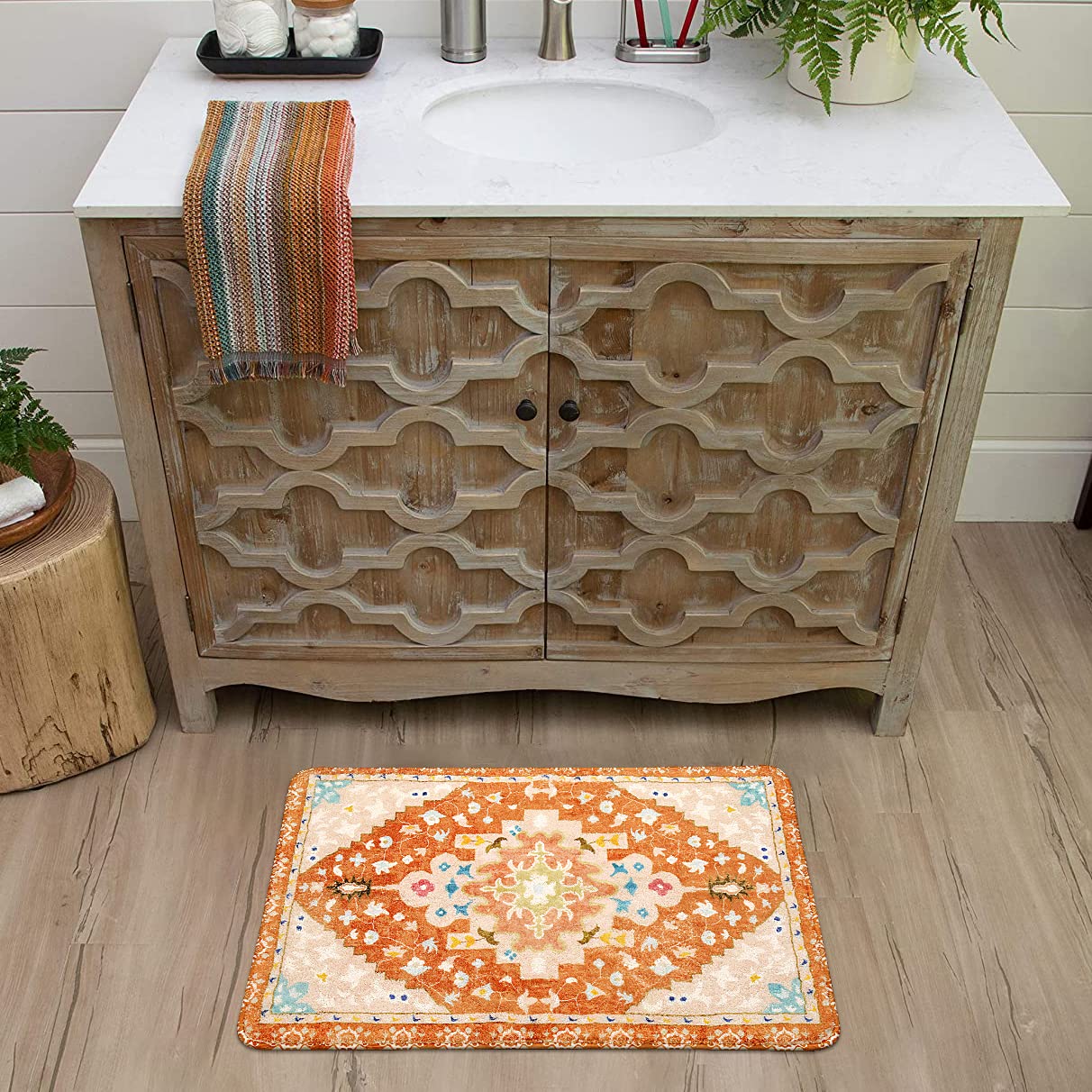 Alfombras de baño tribales bohemias, color naranja, bonito tapete de baño floral, antideslizante, lavable a máquina, alfombra pequeña, suave, oriental para decoración de baño, para fregadero, 7