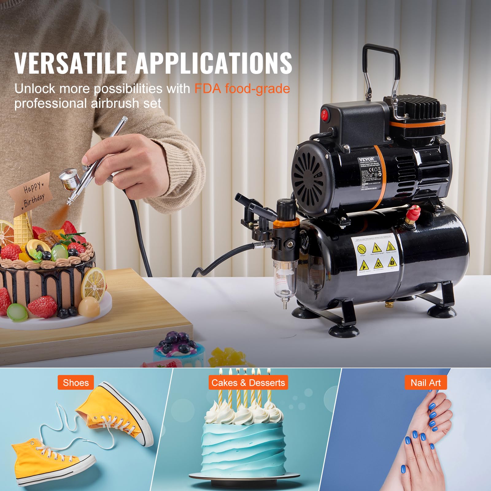 VEVOR Kit Aerografo,con Compressore 2 Ventola Serbatoio Aria 3,5 Litri, Set Aerografo con Punta da 0,3 mm, Supporto, Ruota di Miscelazione Colori, Set di Spazzole per Tatuaggio Artistico Biscotti