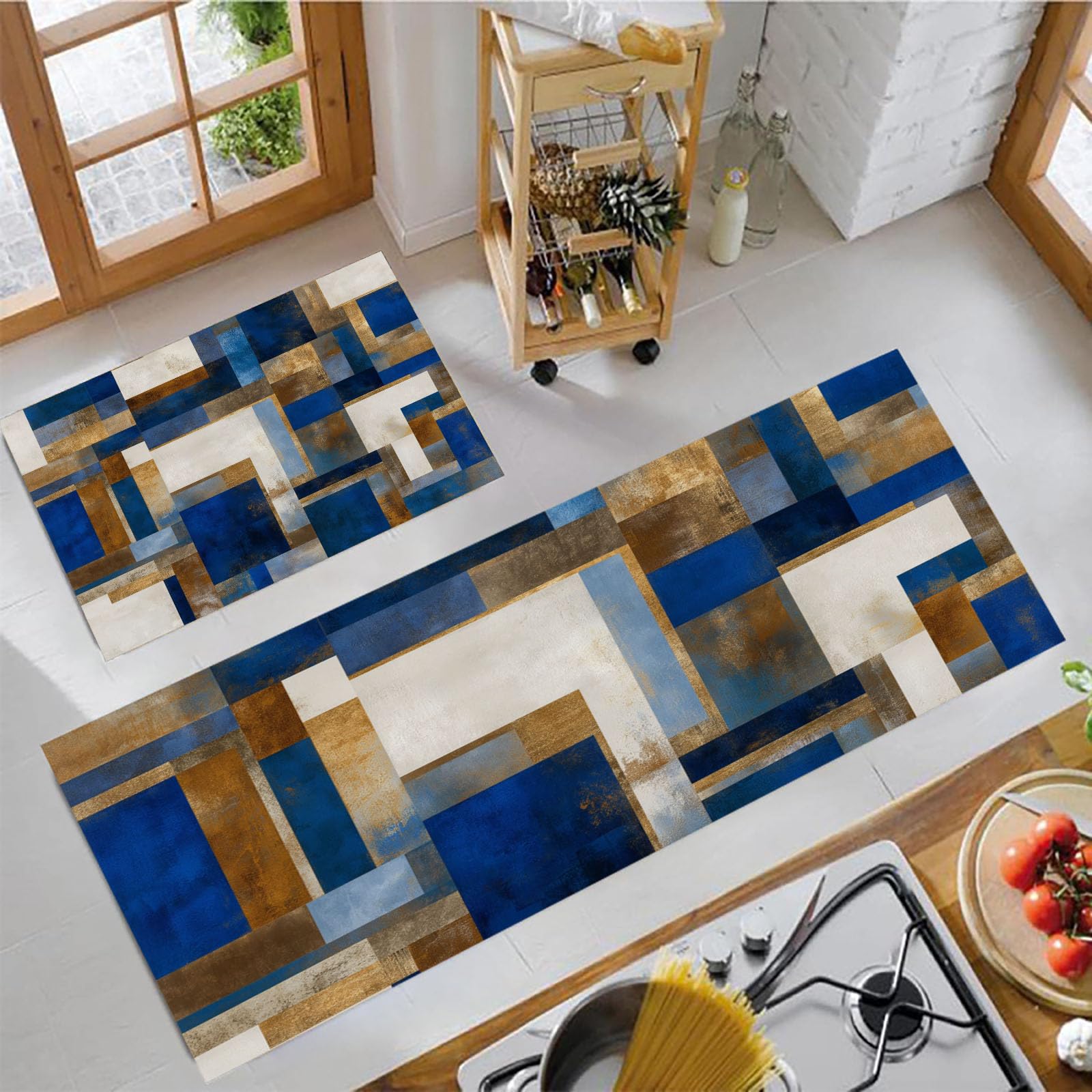 Alfombra de cocina antideslizante y lavable, juego de 2 tapetes absorbentes azul marino