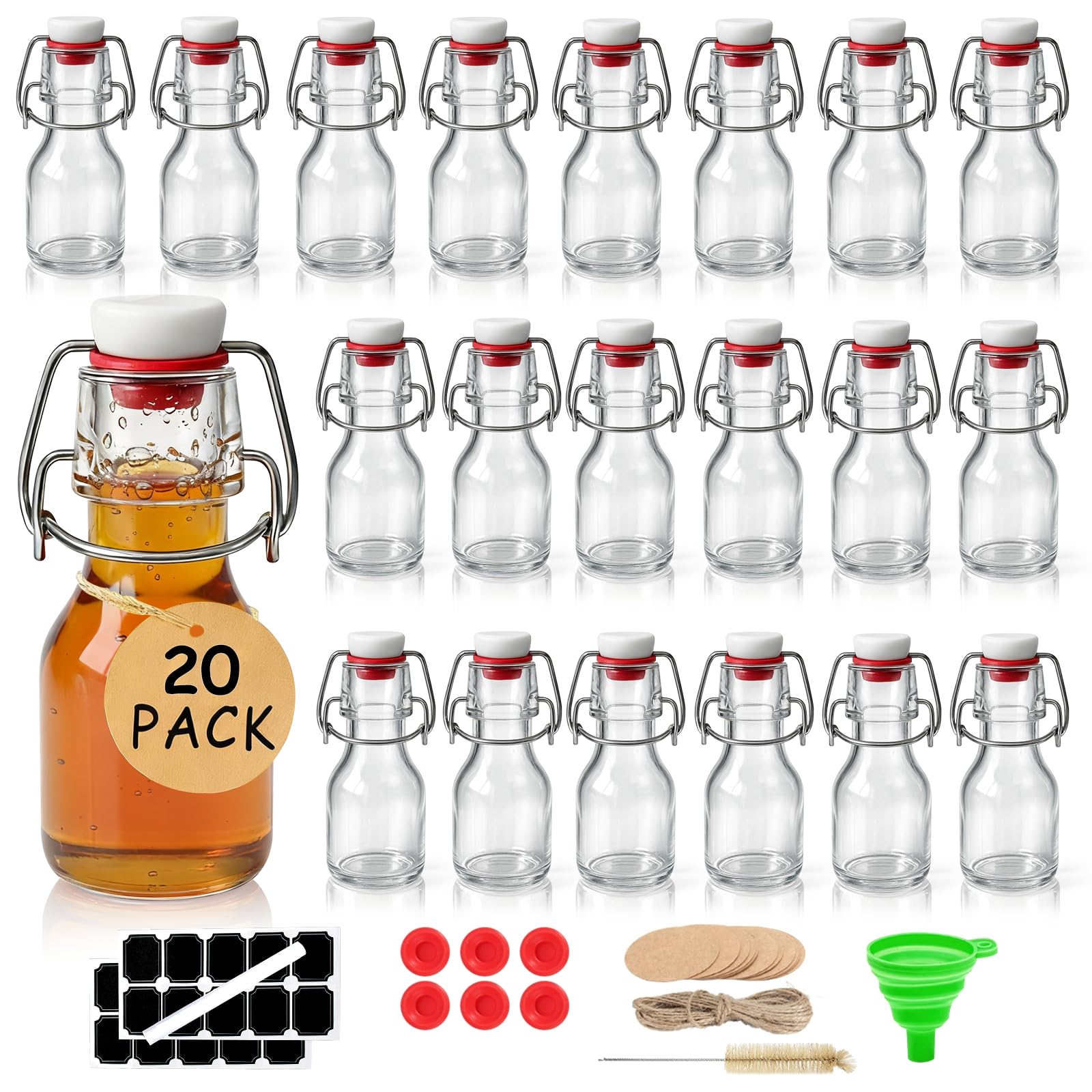 Ruckae 20pack 2oz Swing Top Glass Bottles with Airtight Lids for Vanilla