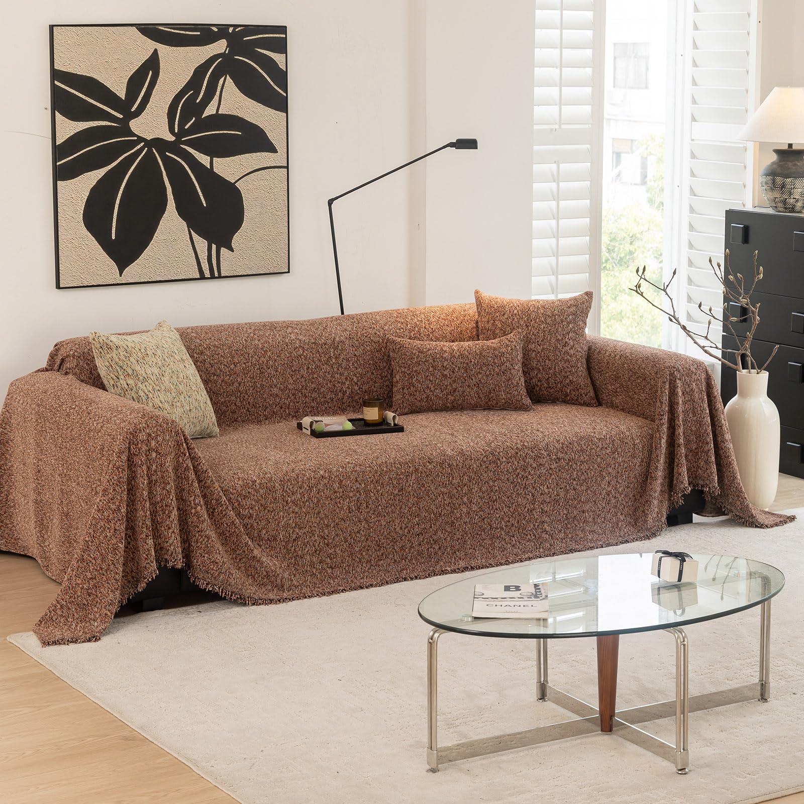 DREAMINGO Thickened Chenille Couch Cover 71x134 Inch Washable 3-Seater Sofa Covers Living Room Sectional Couch Slipcovers Modern Furniture Protector with Tassel, Brown Coffee — image 1