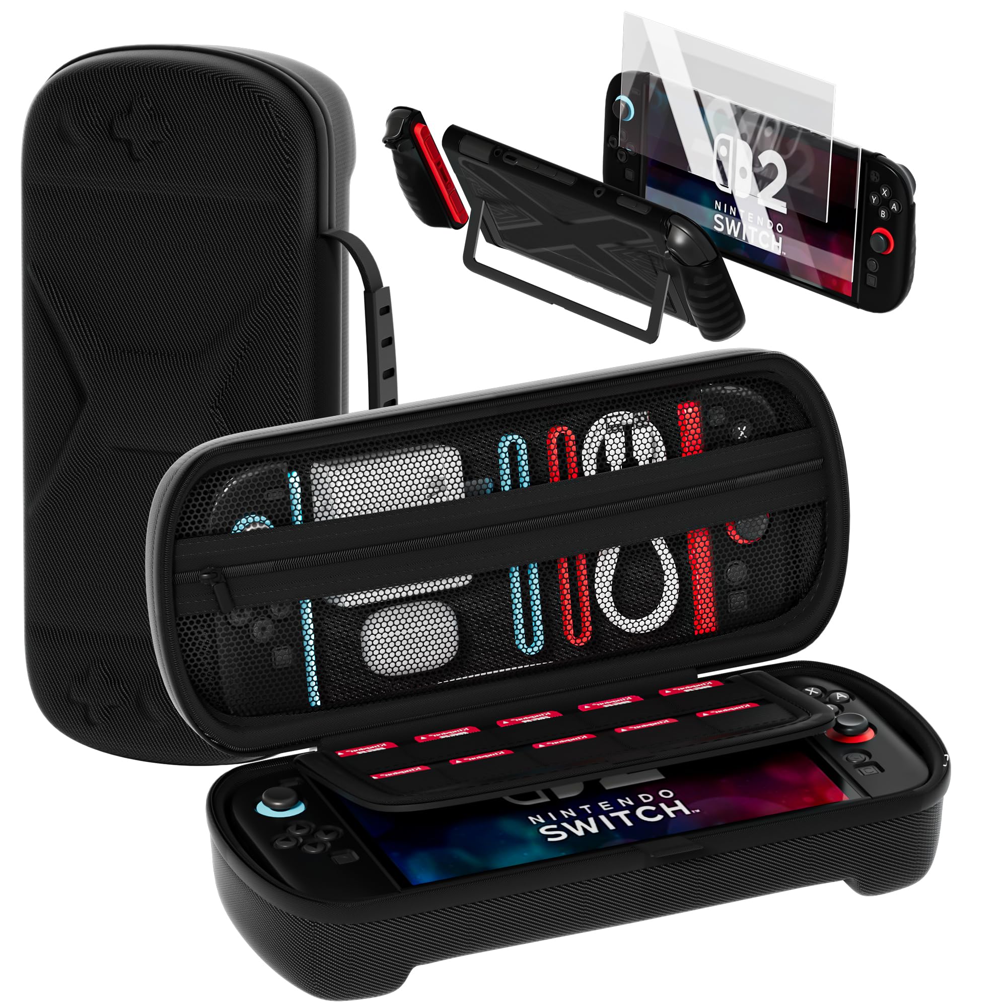 QUAGGY Tragetasche mit großem Fassungsvermögen für Nintendo Switch 2 (2025) – 3-in-1 Zubehörset mit 2 schutzglas, Platz für 10 Softwarekarten,Konsole & Zubehör - Schwarz
