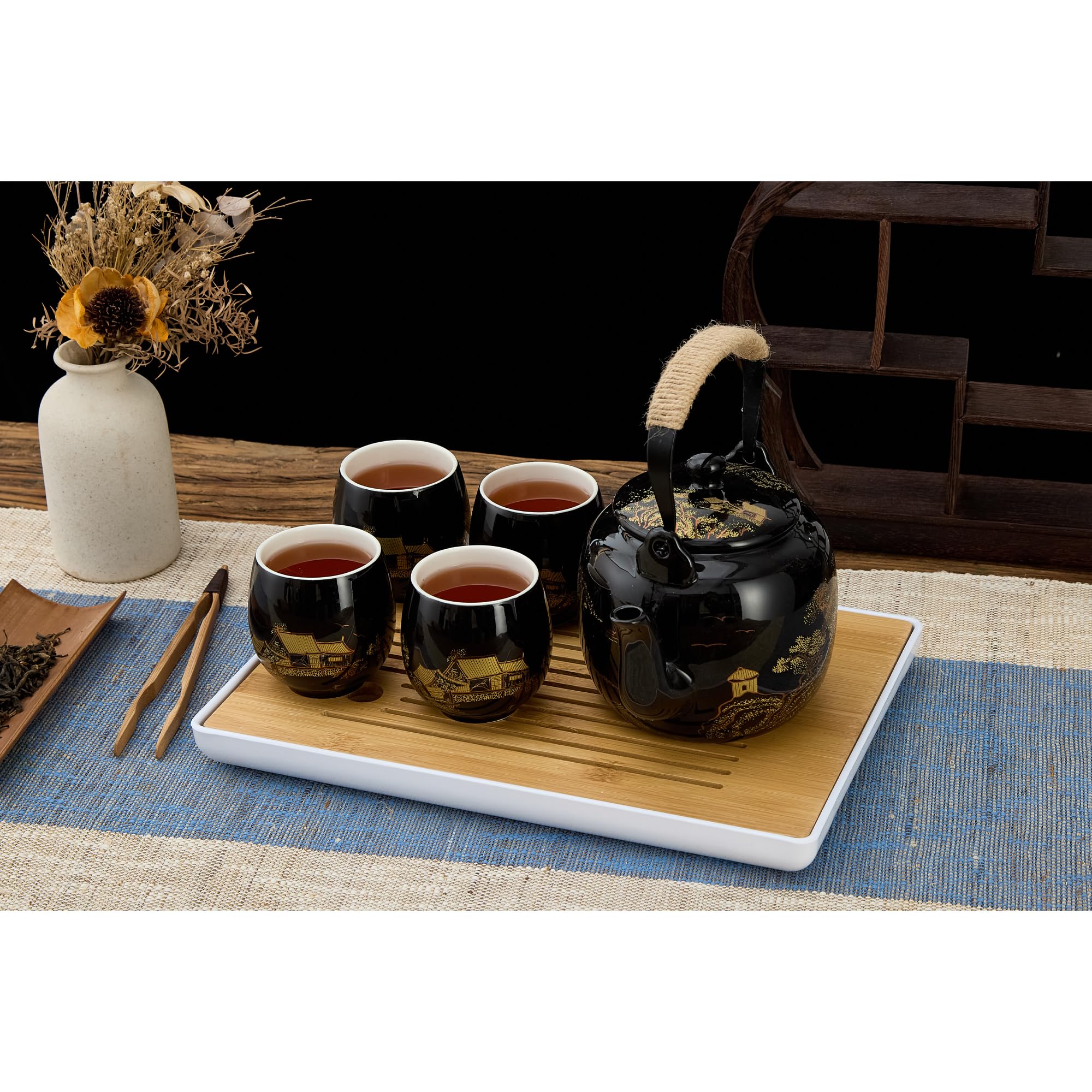 DUJUST Traditional Japanese Tea Cups Set of 4, Black Porcelain Chinese Tea Cups - Image 2