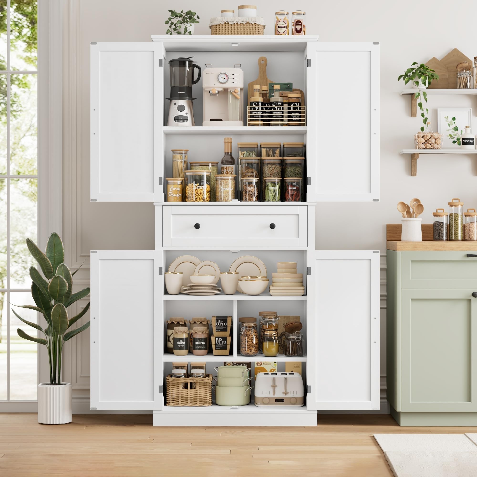 FirFurd Credenza Cucina Alta,Dispensa Cucina con 4 Ante e 1 Cassetti Bianco | Mobile Cucina Dispensa,Antiribaltamento Incluso,Design salvaspazio,Ingombro Ridotto,per Cucina, Soggiorno,78x40x181.5cm