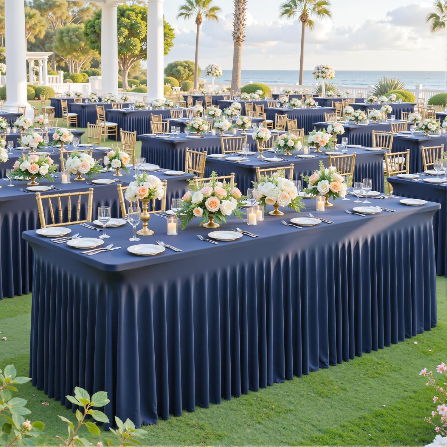 gogoparti 2 Pack Spandex Navy Blue Fitted Table Cloth for 6ft Rectangle Tables Navy Blue Stretch Tablecloth Banquet Table Covers Skirt Wrinkle Free Tablecloths for Parties Wedding
