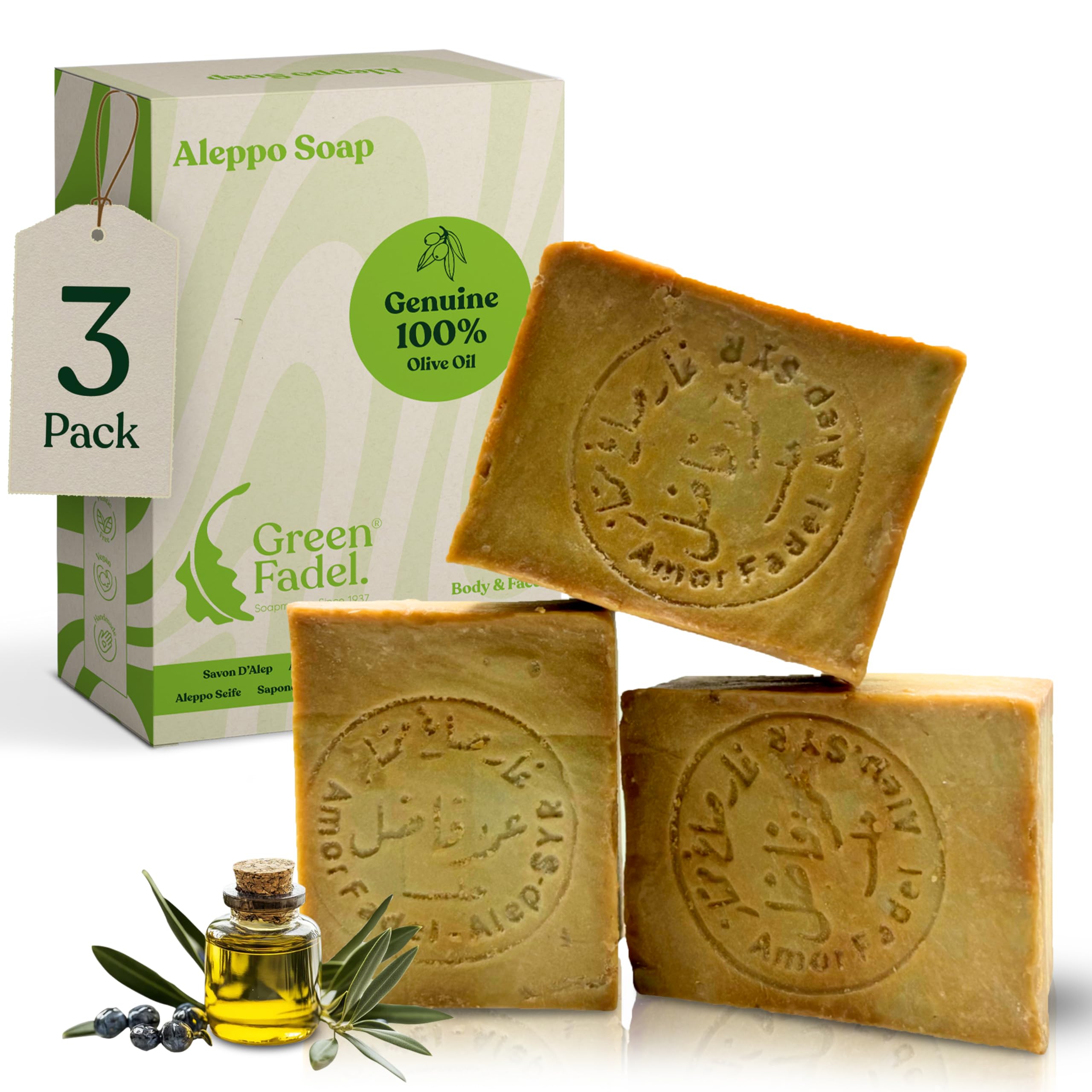 GREEN FADEL Sapone di Aleppo Originale, 100% Olio d'Oliva, 3 x ca. 200g (Genuine) Sapone all'Olio d'Oliva, Naturale, Fatto a Mano, Vegano, per Viso e Corpo