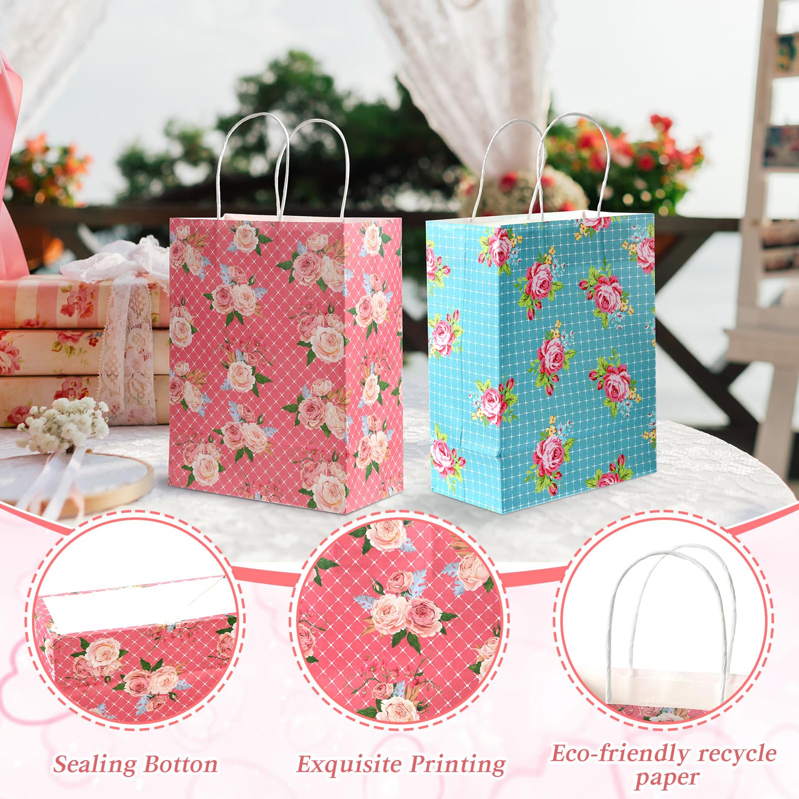 Geyoga 50 Stück Blumen-Geschenktüten mit Griffen, 10,5 x 8,5 x 4,5 cm, mittelgroße Papier-Geschenktüten, Vintage-Blumen-Geschenktüten, Papiertüten mit buntem Rosen-Blumendruck, für Blumenparty,