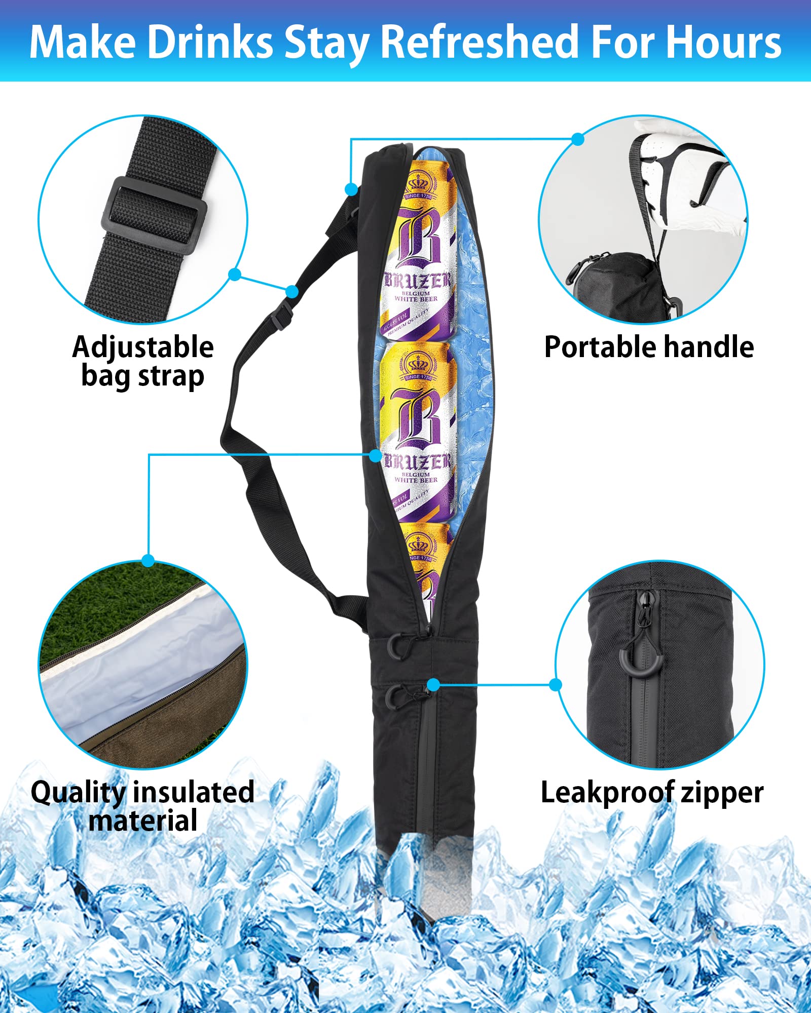 BIG TEETH 7-Can Golf Beer Holder Cooler Sleeve Isolato Bevande Cooler Tube Bag Storage Case con tracolla regolabile Chiusura a cerniera a prova di perdite