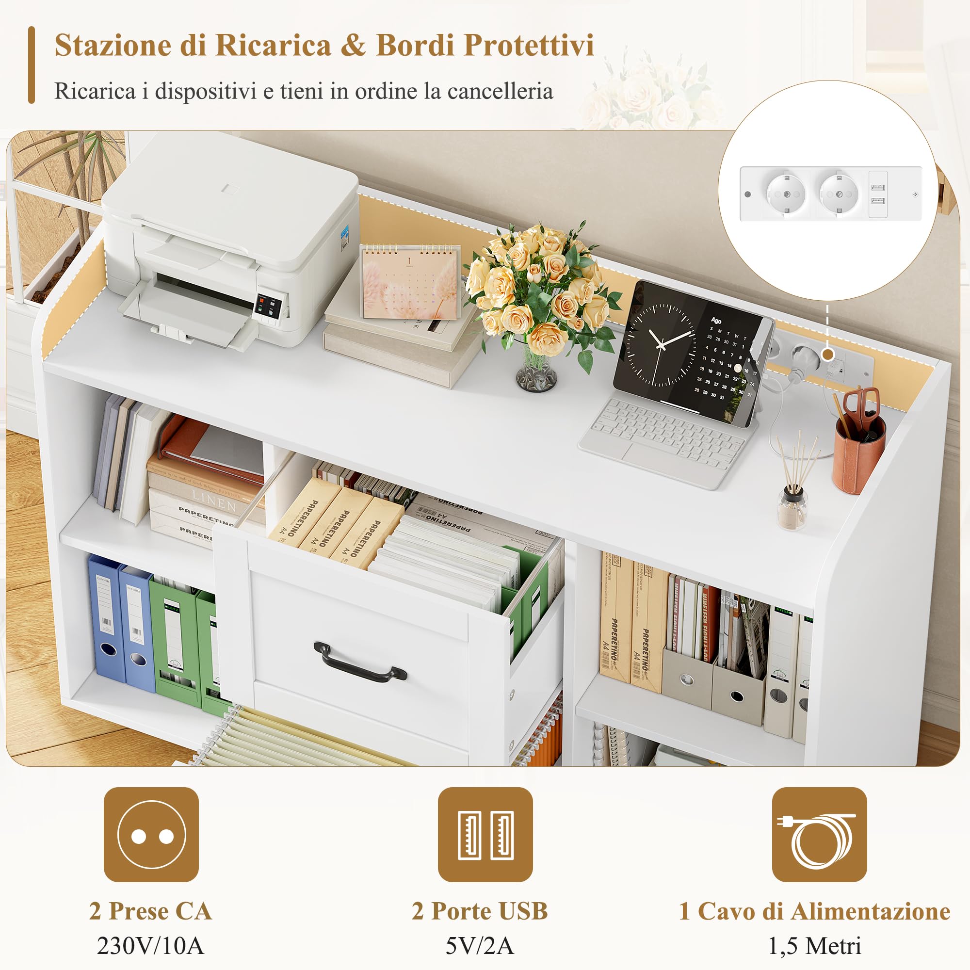 HOCSOK Armadietto Portadocumenti, Schedario da Ufficio, con Presa di Corrente e Porte USB, Cassettiera Ufficio a 5 Ruote, Cassettiera Scrivania per Documenti A4/Legal/Letter, Bianco, 108 * 37.8 * 76