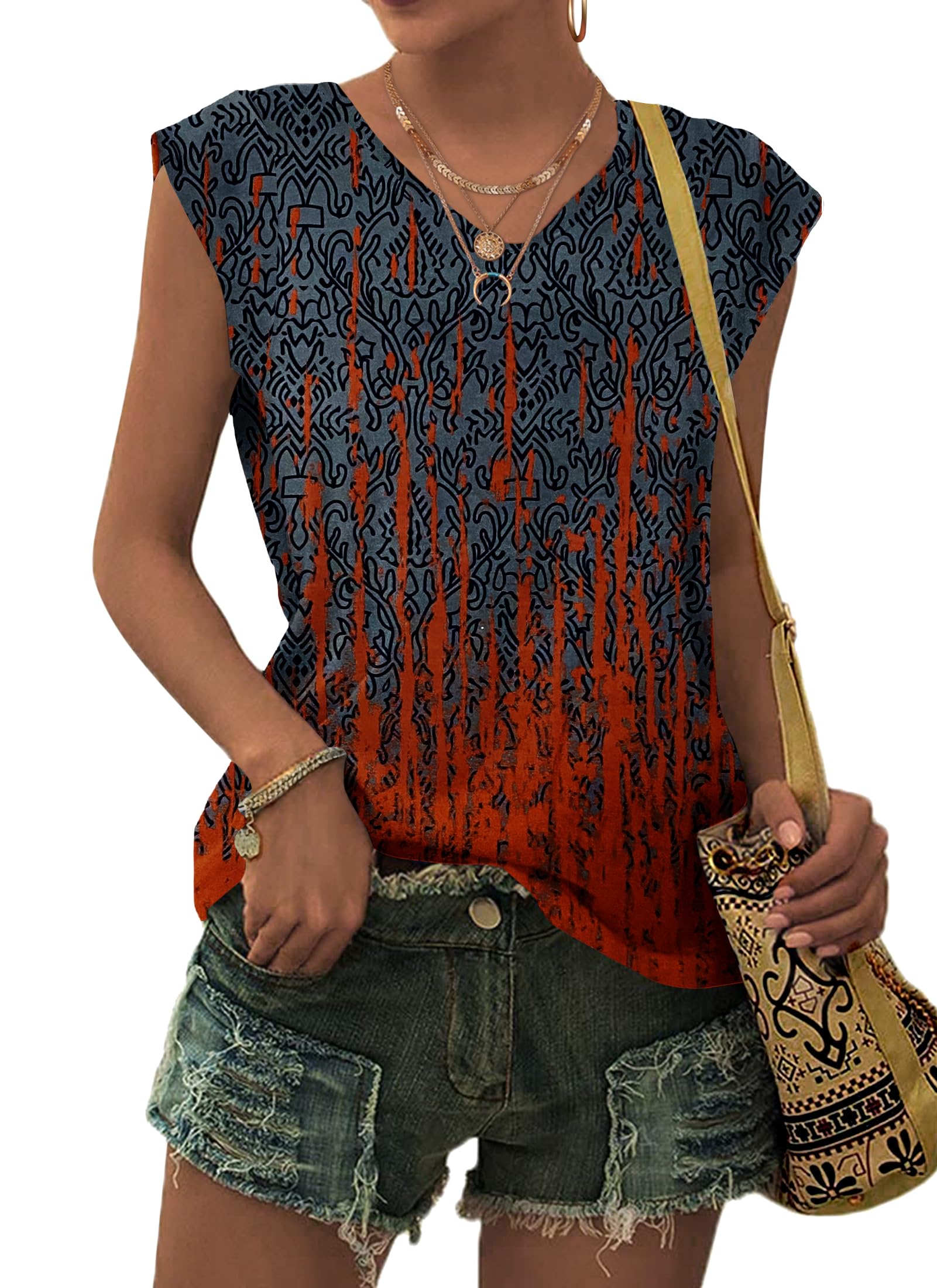 PLMOKEN T-Shirt Sommer Tank Top Damen - Ärmelloses Blusenshirt V Ausschnitt Blusen Shirts Oberteile Offset Bedrucktes Top
