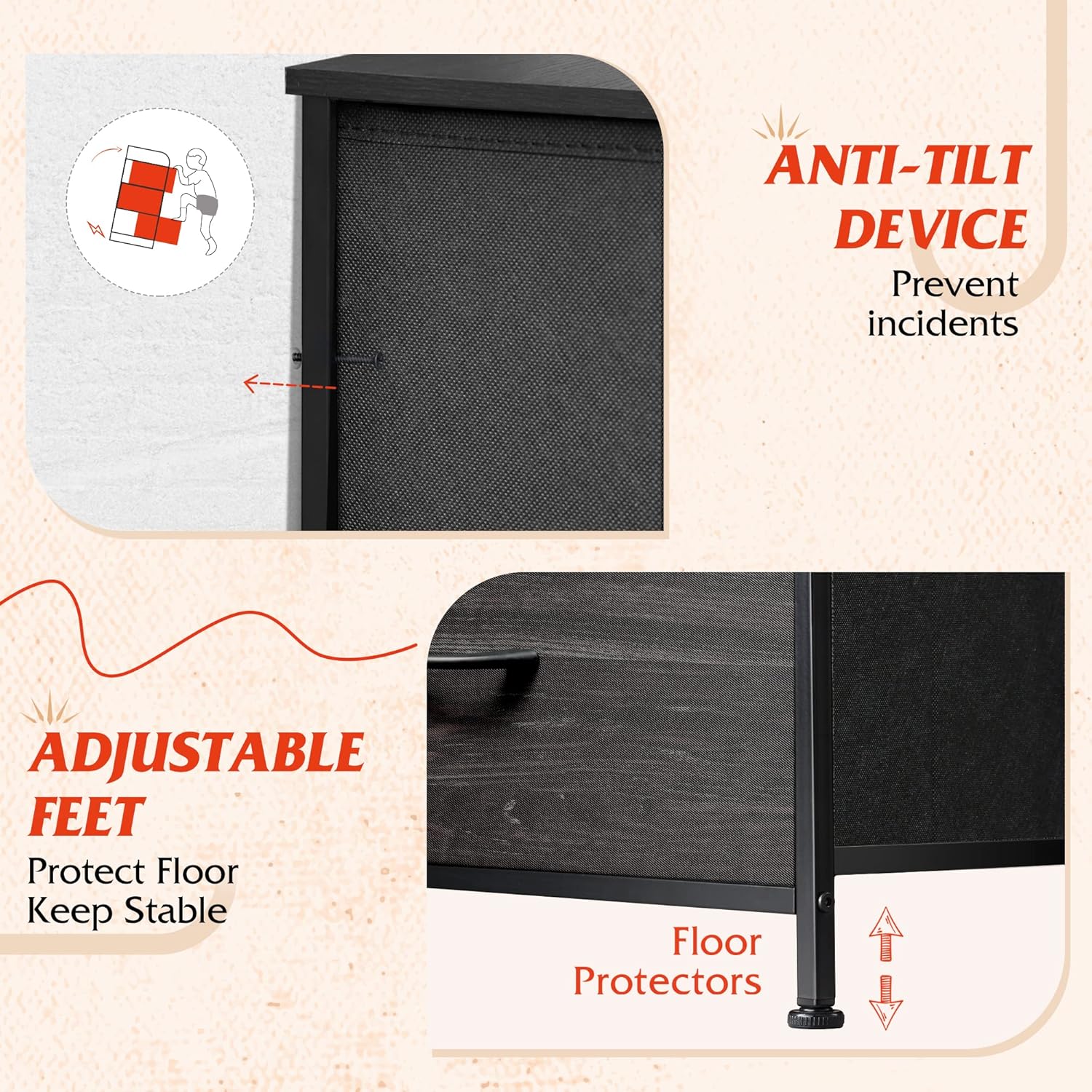 Close-up of anti-tilt device and adjustable feet