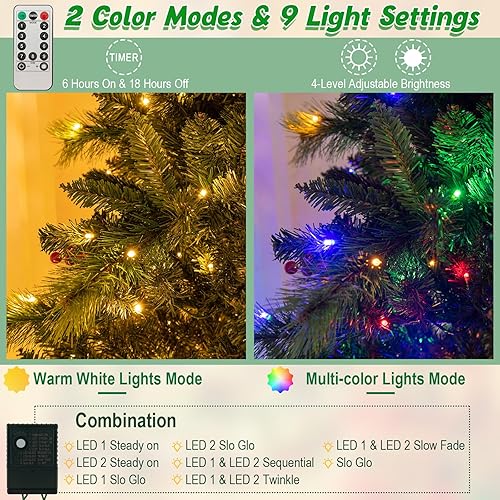 Miniatura 5 de HAPPYGRILL Árbol de Navidad artificial preiluminado de 8 pies, árbol de Navidad con 1272 puntas de rama, agujas de pino, 500 luces LED multicolor y