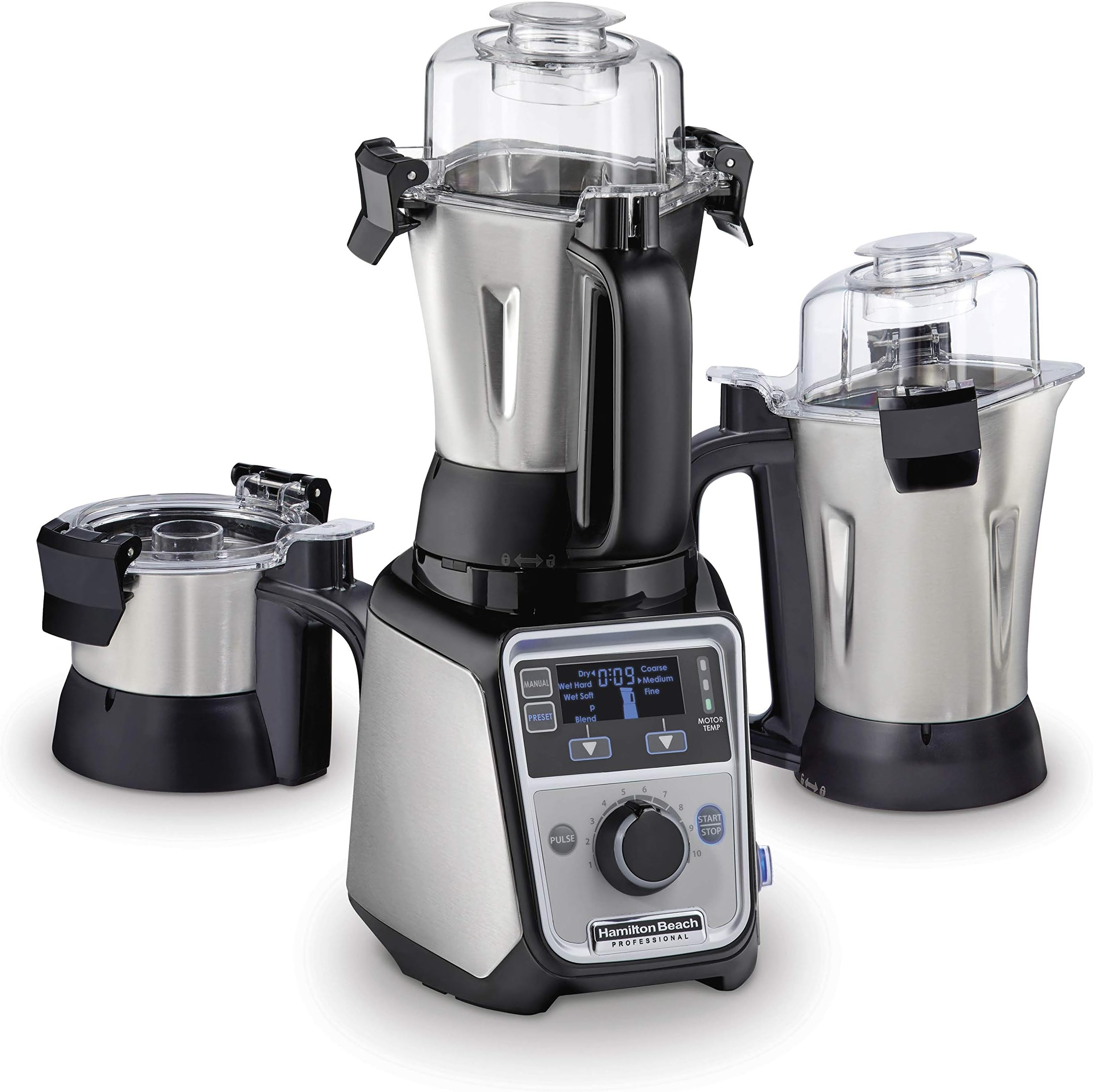 Hamilton Beach Professional 4-in-1 Juicer Mixer Grinder, Commercial-Grade 1400 Watt Motor, 3 Leakproof Jars, For Wet and Dry Spices, Chutneys and Curries, Engineered in India & USA (58770), Stainless