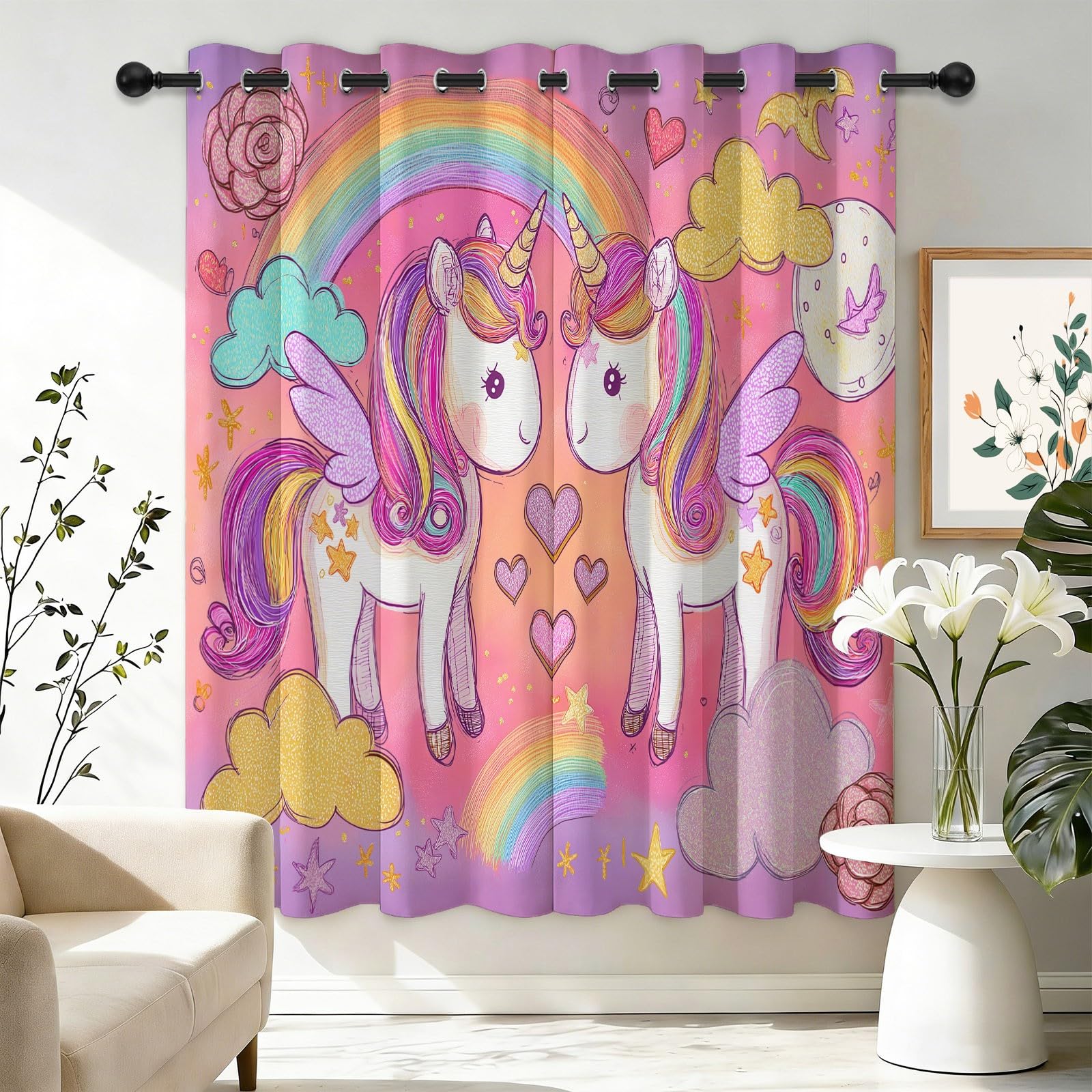 Générique Rideaux Licorne Style Aquarelle pour Chambre d'enfant, Lot de 2 Panneaux 70L X 180H cm - Rideaux Thermiques et Anti-Bruit à Oeillets pour Chambre et Salon Rose
