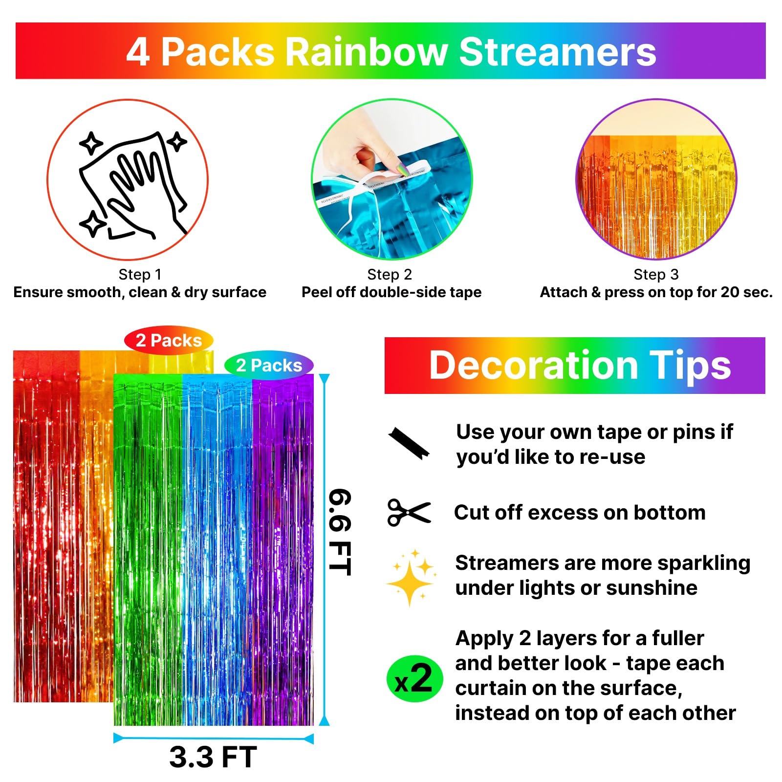 4 Pack Rainbow Foil Fringe Curtains, 13.2x6.6ft Colorful Tinsel Streamers Backdrop, Photo Backdrop for Birthday, Wedding, Baby Shower, Back to School, Pride Month | Rainbow Streamers Party Decorations