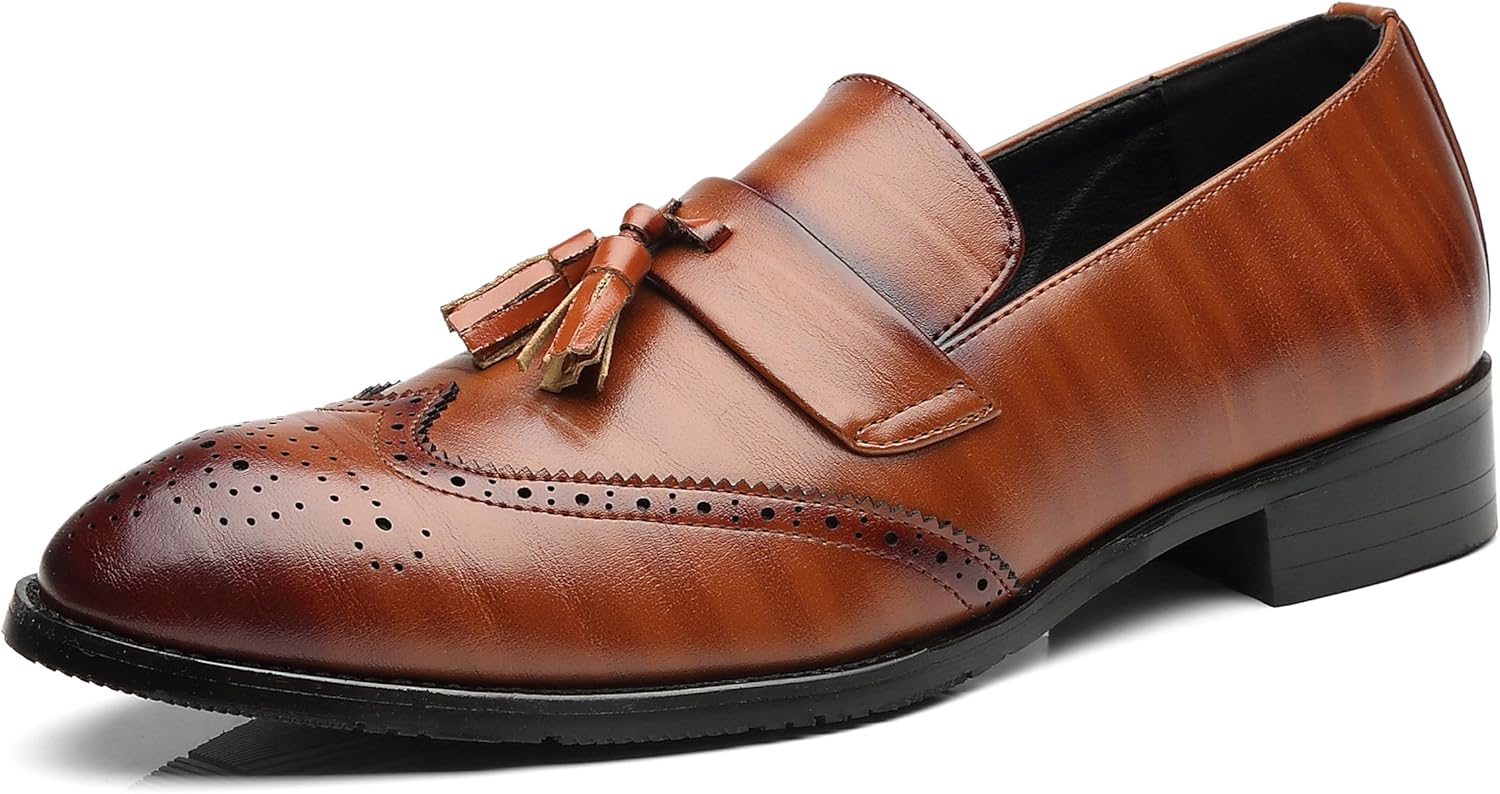 Santimon Men's Smoking Slipper Tassel Loafers Brogue PU Leather Driving Boat Moccasins Casual Shoes Brown 13 US