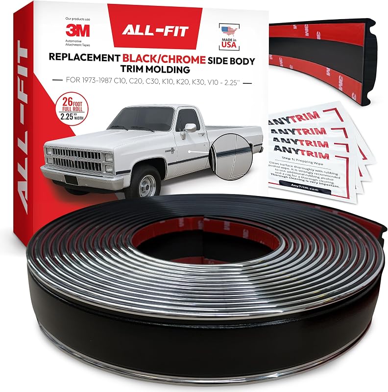 Moldura Lateral de Carroceria All-Fit Automotive SB Black Chrome para Chevy C10 1973–1987 – 7,92 cm x 7,92 m