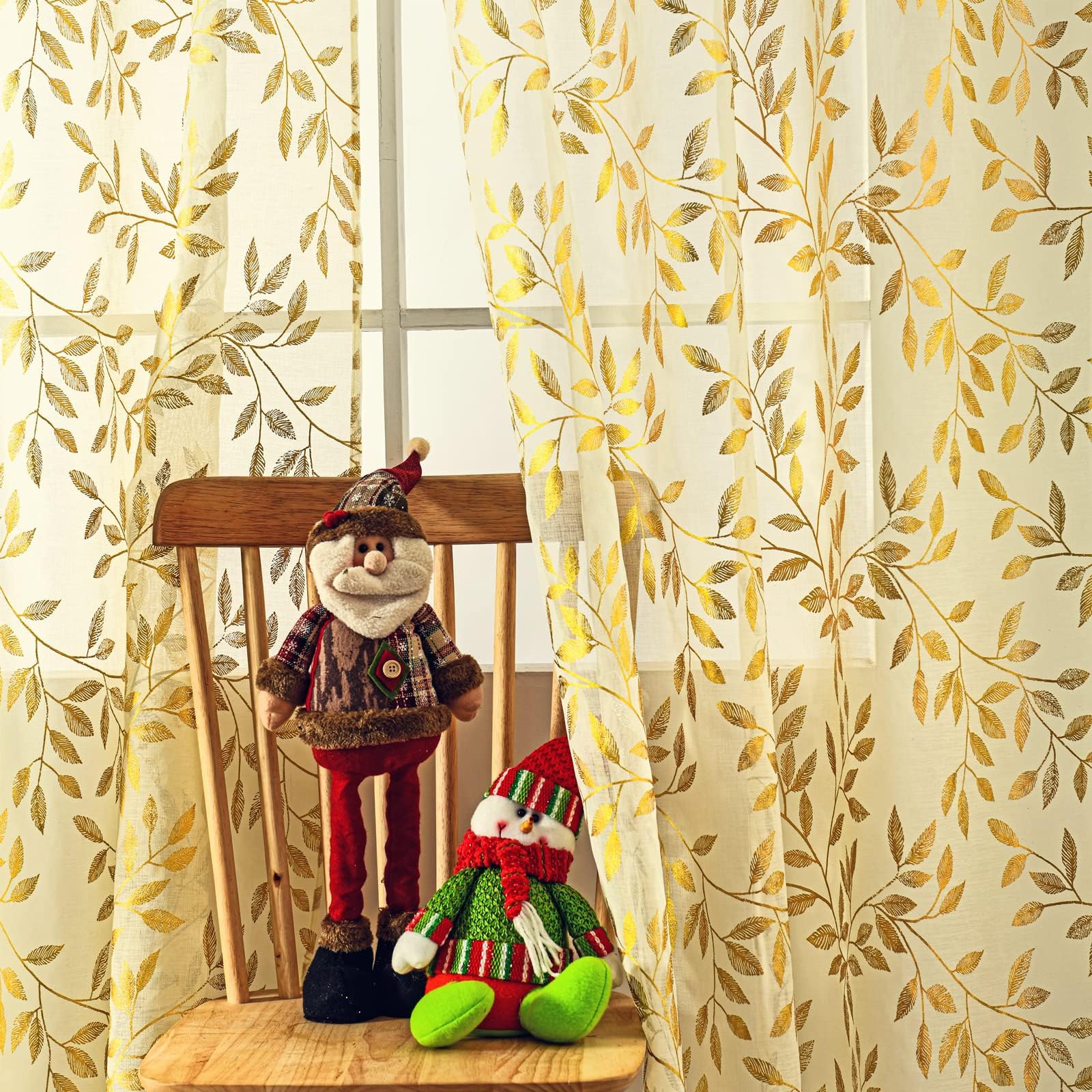 Deeprove Cream Sheer Curtains 90 inches Long for Bedroom Living Room Dinging Room Nursery, Abstract Metallic Gold Foil Vine Leaves Print Golden Window