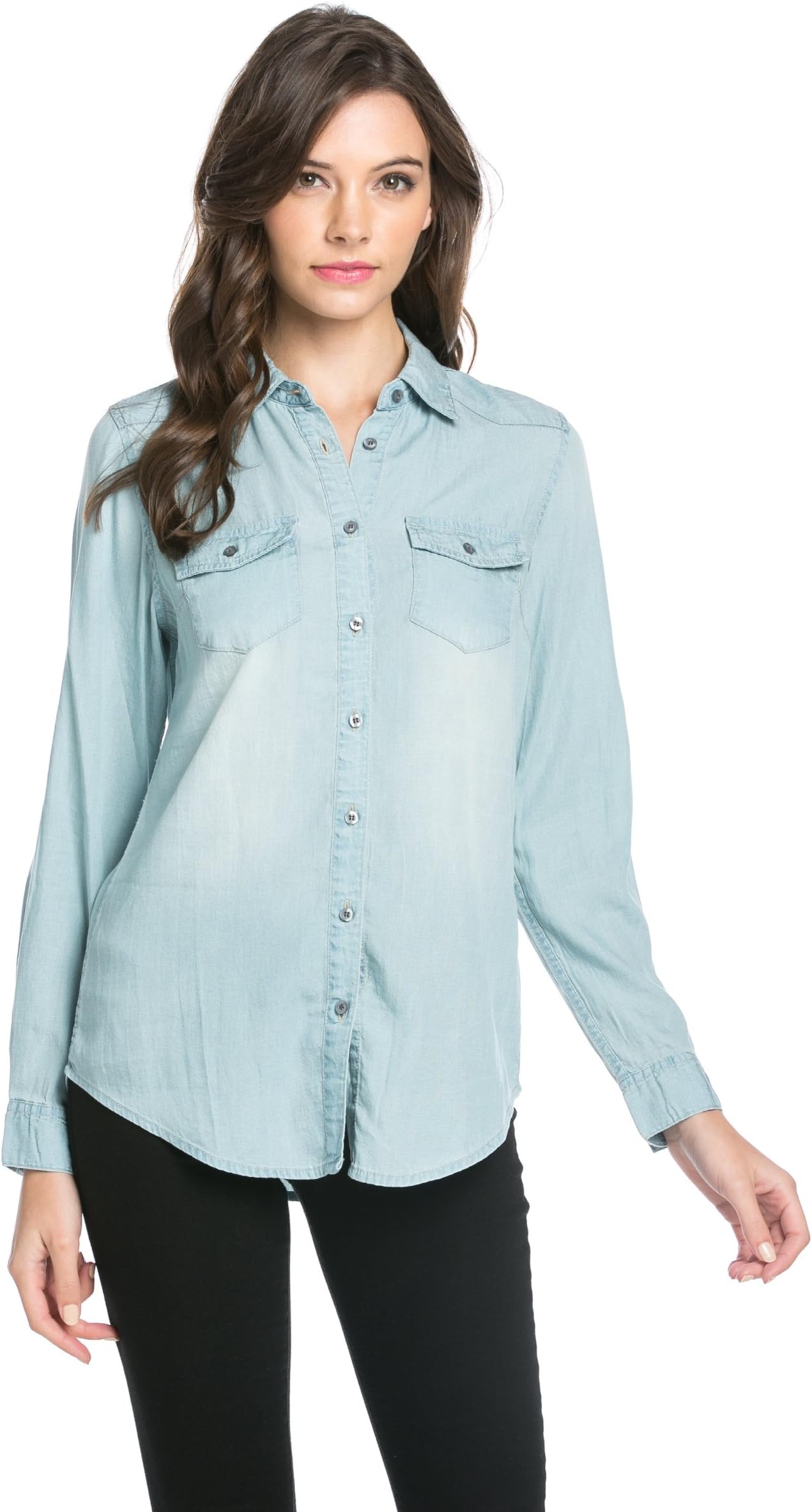 Noble U Chambray Button Down Denim Shirt With Roll-up Sleeves (Junior Large, Med Blue Wash)