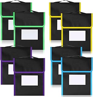 Outus 8 Pcs Medium Book Pouches for Classroom, Nylon Black Reading Book Bags for Student with Clear Name Tag, 10" x 12", Pocket on Handle Chair Pockets for Classroom Students School Home