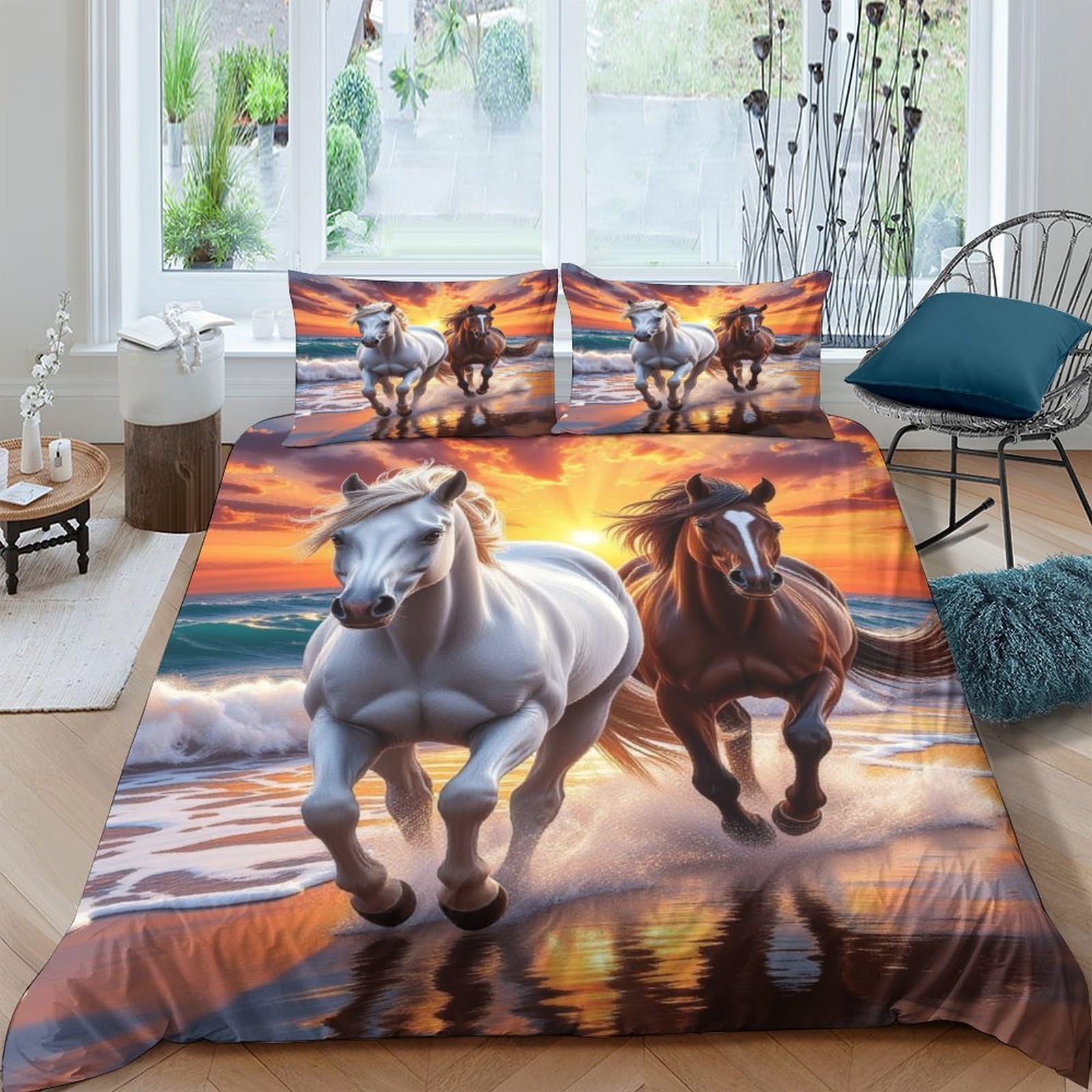 Ctjqhvkz Style-5 3D Printed Sunset Beach Horses Fitted Sheet Microfiber Soft Breathable Mattress Cover For Bedroom Dorm Home Decor Single（135X200cm）