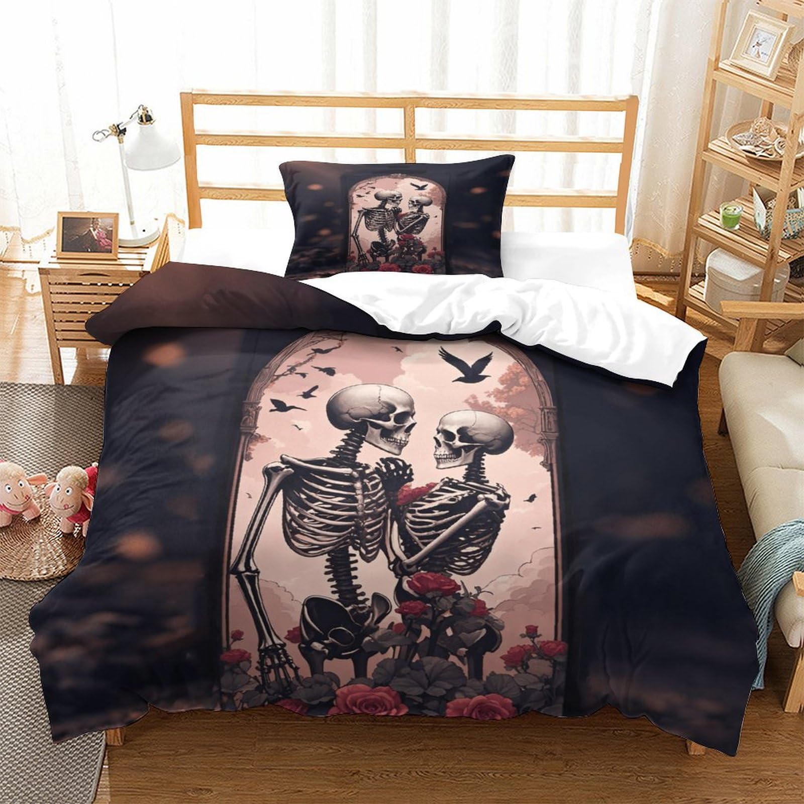 XiaopangXY Hypoallergenic Bedding Set Cozy Skull Lovers Comforter Cover 3D Printed Gothic Quilt Cover Microfiber Duvet Cover 3 Pieces for Kids & Adults with Pillowcase Single（135x200cm）