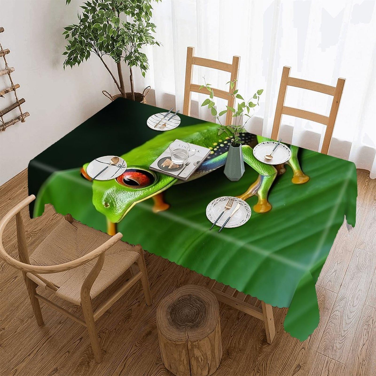 Nappe lavable anti-tache grenouille feuilles vertes pour table jardin