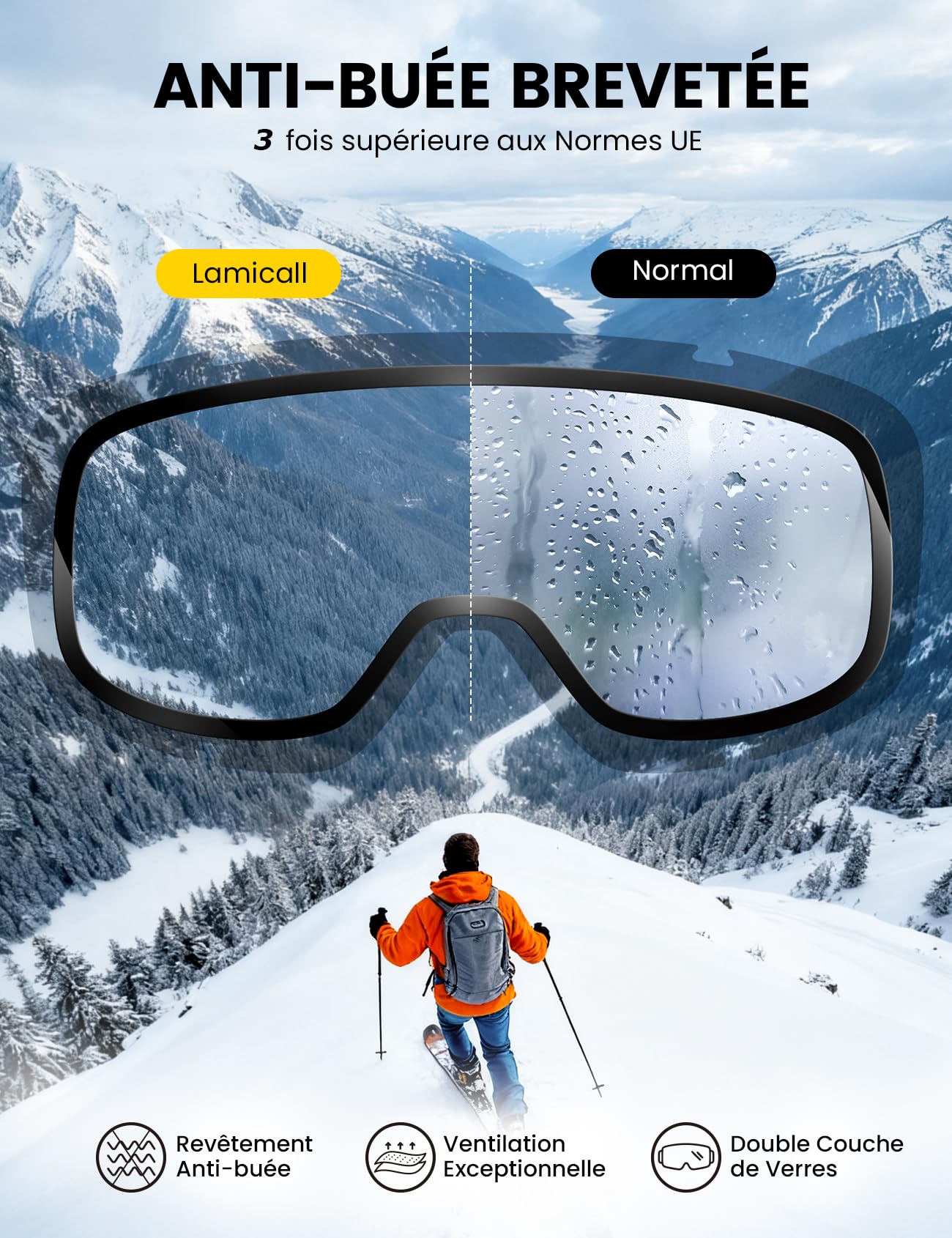 Lamicall Lunettes de Ski Homme, Masque Ski OTG - [Ultra HD & Anti-Buée Breveté] Lunettes Snowboard pour Femme & Homme, UV400 Protection, Sangle Réglable, Ski Goggles Femme pour Sports Hiver