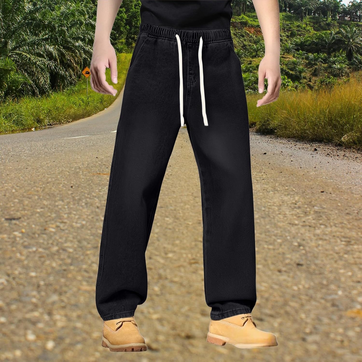 HJINGSUN Mens Baggy Jeans Elastic Waistband Denim Pants Regular Fit Water Washed Straight Leg Trousers
