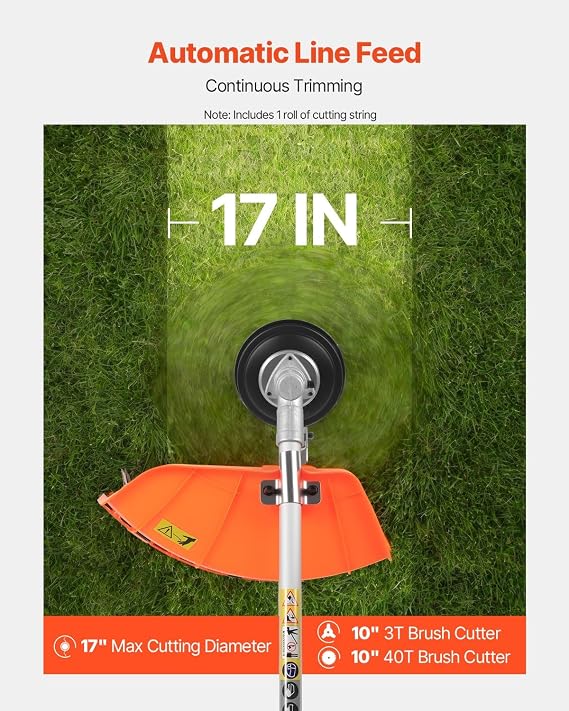 VEVOR String Trimmer, 43 cc 2-Stroke, Weed Eater, 17 Grass Trimmer, Multi-Functional Weed Eater Gas Powered with Shoulder Strap & 3T Blade, Weed Wacker Gas for Quick Grass Cleaning