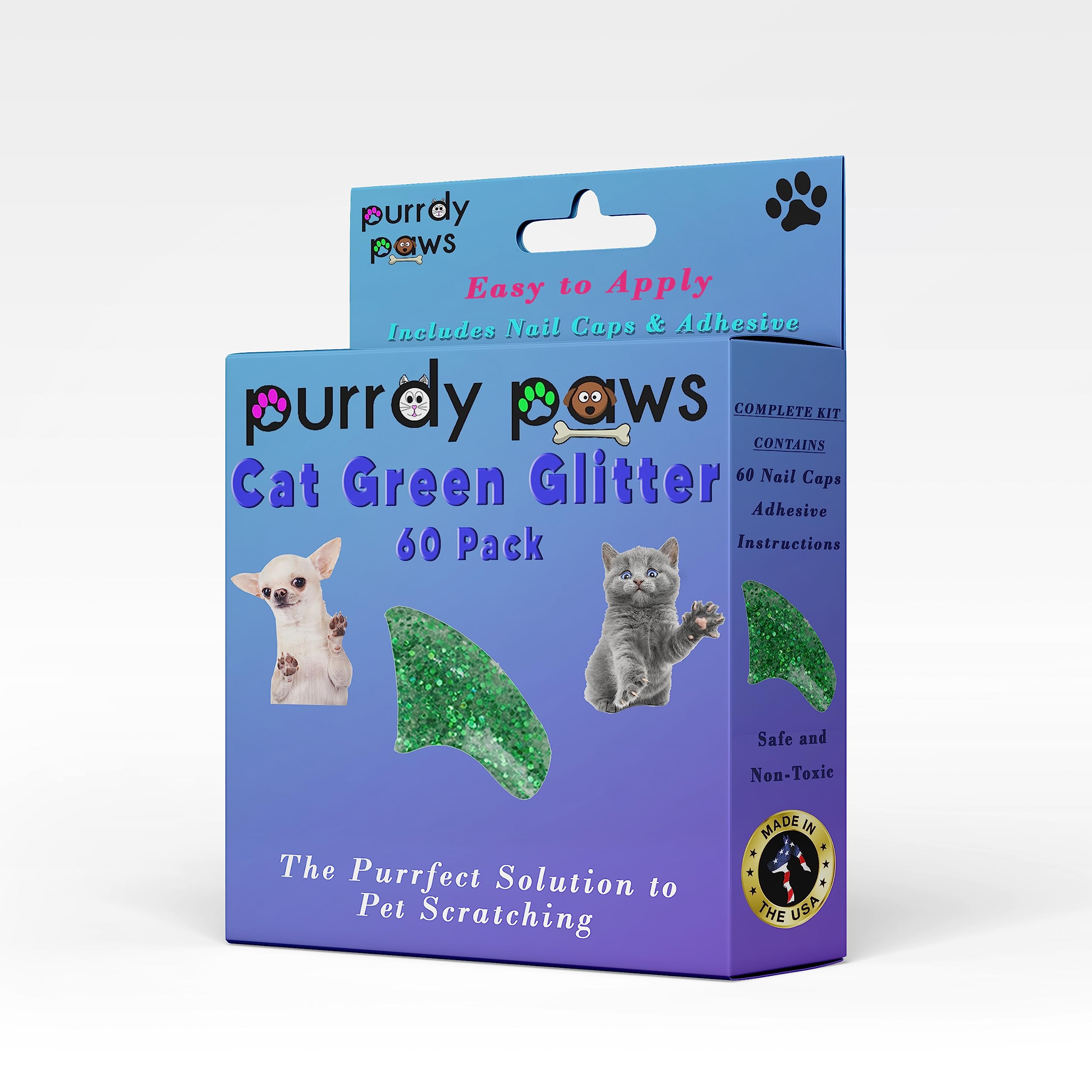 Purrdy Paws Soft Nail Caps 60 Packs for Cats - Green Glitter Large