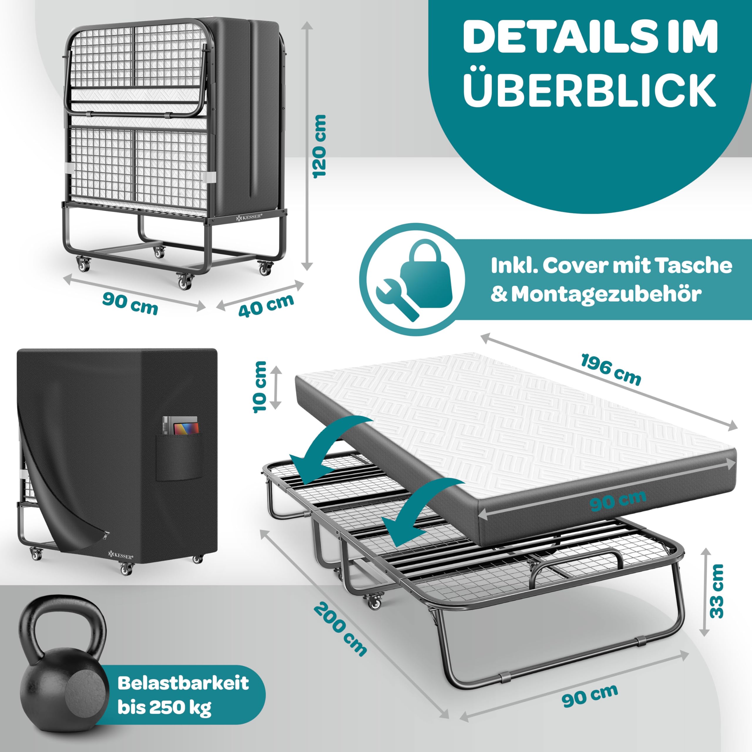 KESSER® Letto pieghevole 200 x 90 cm, con materasso in memory foam e ruote, letto da viaggio pieghevole con telaio in metallo, portata fino a 250 kg, letto in metallo con materasso in schiuma e