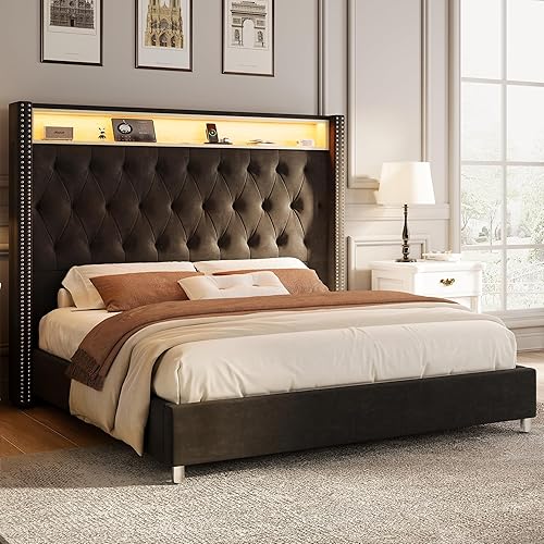 Jocisland Base de cama tamaño Queen con plataforma tapizada de terciopelo copetudo cabecera elevada con respaldo alado soporte de listones de madera