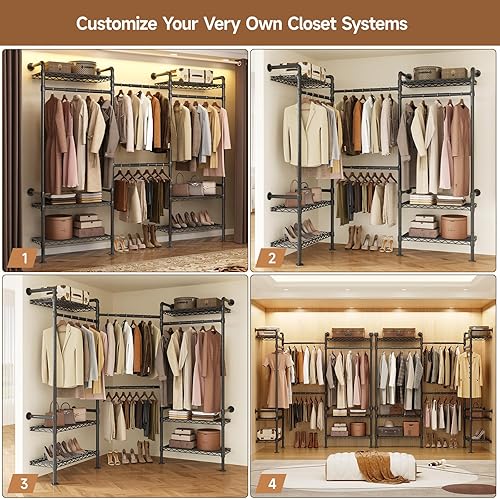 Miniatura 4 de P3 - Sistema industrial de armario de tuberías, estantes de ropa montados en la pared con 4 varillas telescópicas y 6 estantes de malla, perchero