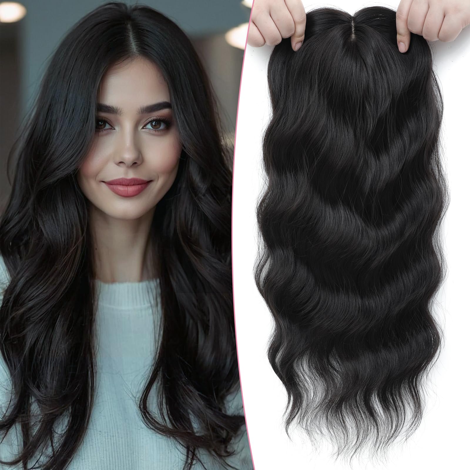 Lasunork Hair Toppers for Women Wavy Curly Clip Hair Topper Clip in Fringe Hand-Tied Lace Hairpieces for Women(18 Inch, Natural Black)