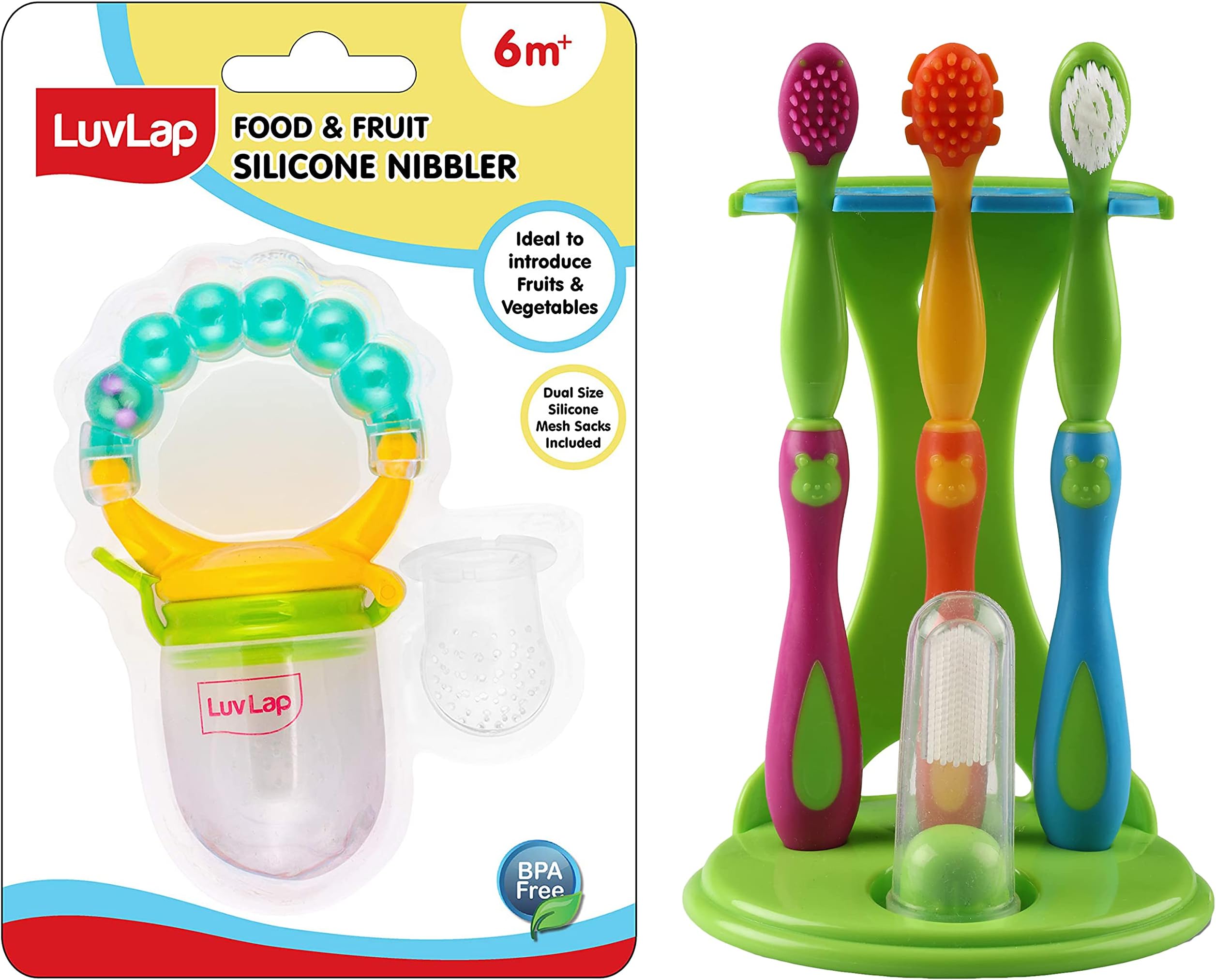 LuvLap 4 Stage Baby Oral Care Set & Kids' Primary Teeth & Gums, Infant Gum Massager, 2 Toddler Brushes, One Training Manual Toothbrush, & Pearly Food & Fruit Nibbler, 4 pieces