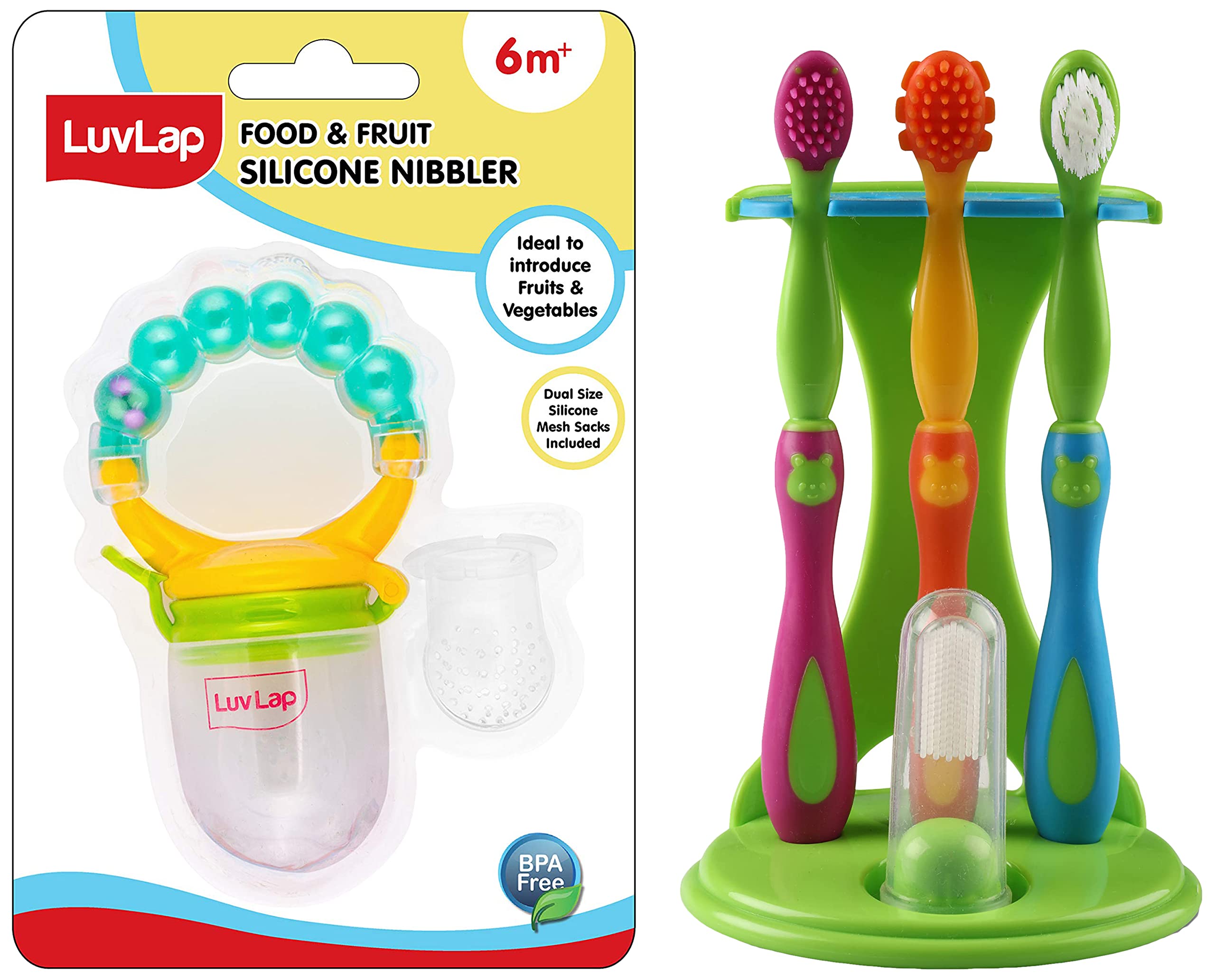 LuvLap 4 Stage Baby Oral Care Set & Kids' Primary Teeth & Gums, Infant Gum Massager, 2 Toddler Brushes, One Training Manual Toothbrush, & Pearly Food & Fruit Nibbler, 4 pieces