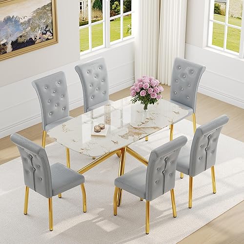 Miniatura 54 de Juego de mesa de comedor moderno de 63 pulgadas para 6 personas, juego de 6 mesas de comedor de cristal con patas de metal plateado, mesa de cocina