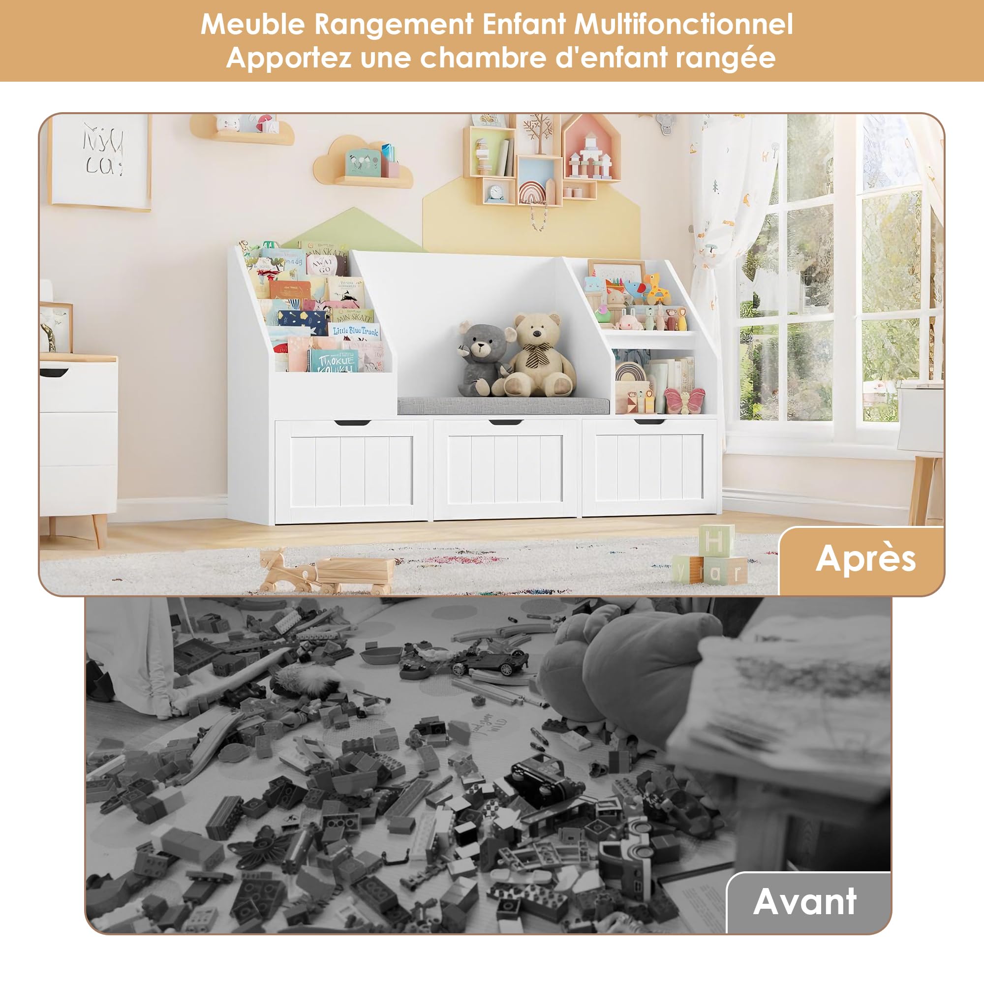 FOREHILL Meuble Rangement Enfant Bibliothèque Enfant avec Banc 9 Étagères 3 Tiroirs Roulants Coussin Amovible Rangement Jouet pour Chambre d’Enfants Salle de Jeu 140x39.5x80cm Blanc