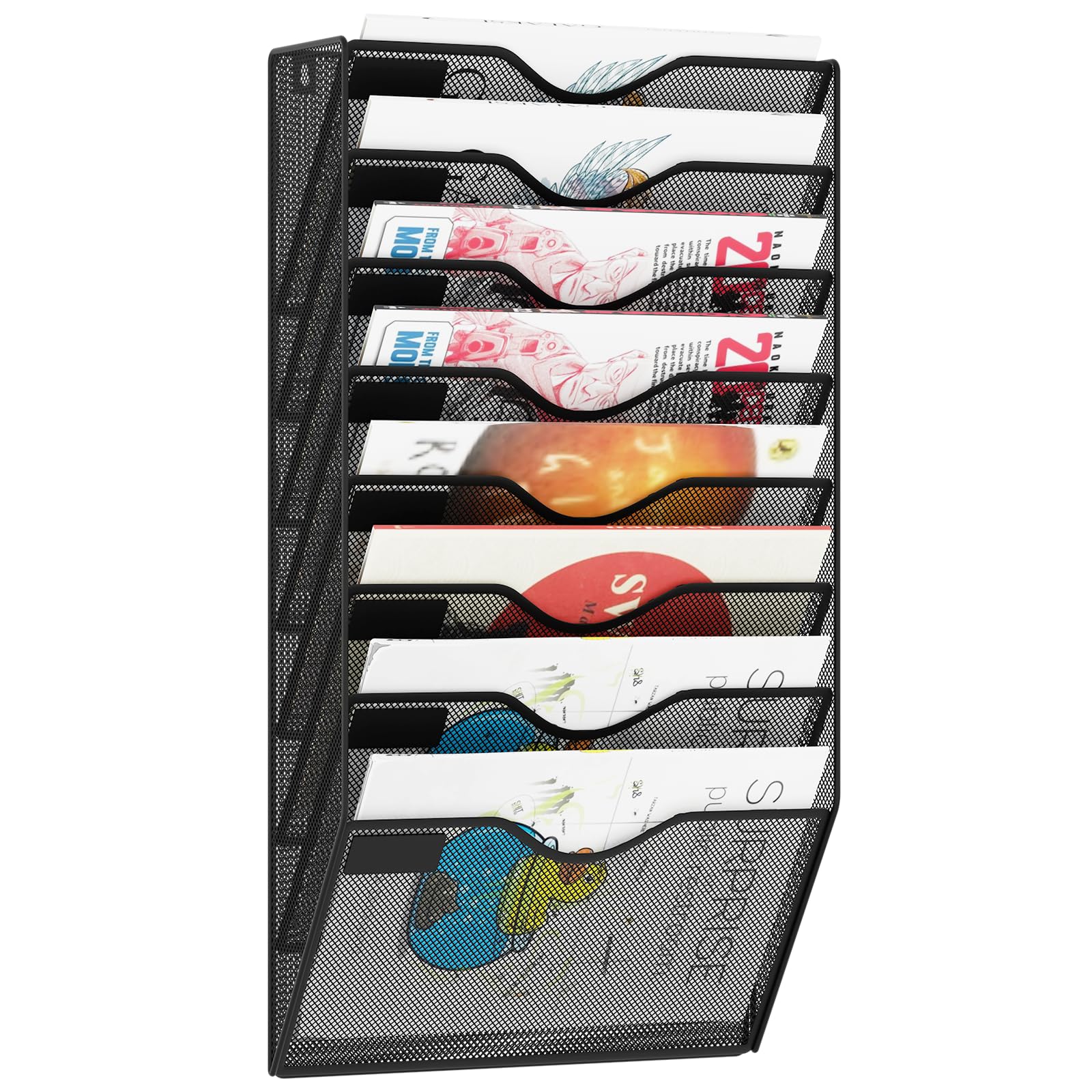 8 Pockets Hanging Wall File Organizer Mail Holder, Wall Mounted Paper Document Folder Holder, Clipboard Storage Organization Magazine Rack, Black