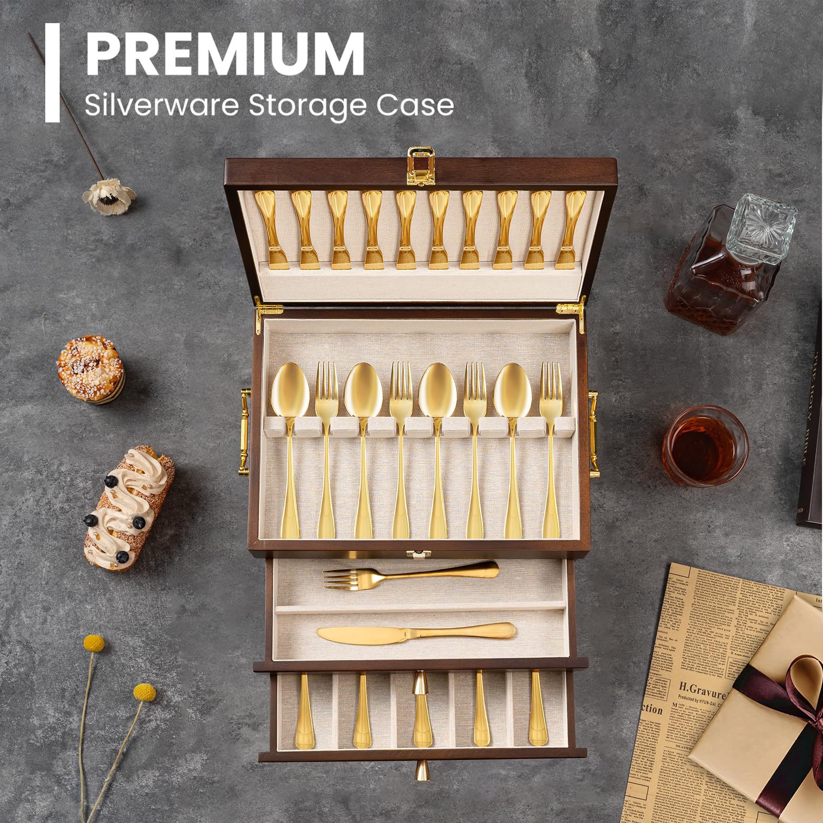 Caja de almacenamiento de cubiertos, caja de almacenamiento de cubiertos de 3 capas con cajón, baúl de cubiertos de madera con asa y forro de lino, funda rústica para guardar cubiertos y
