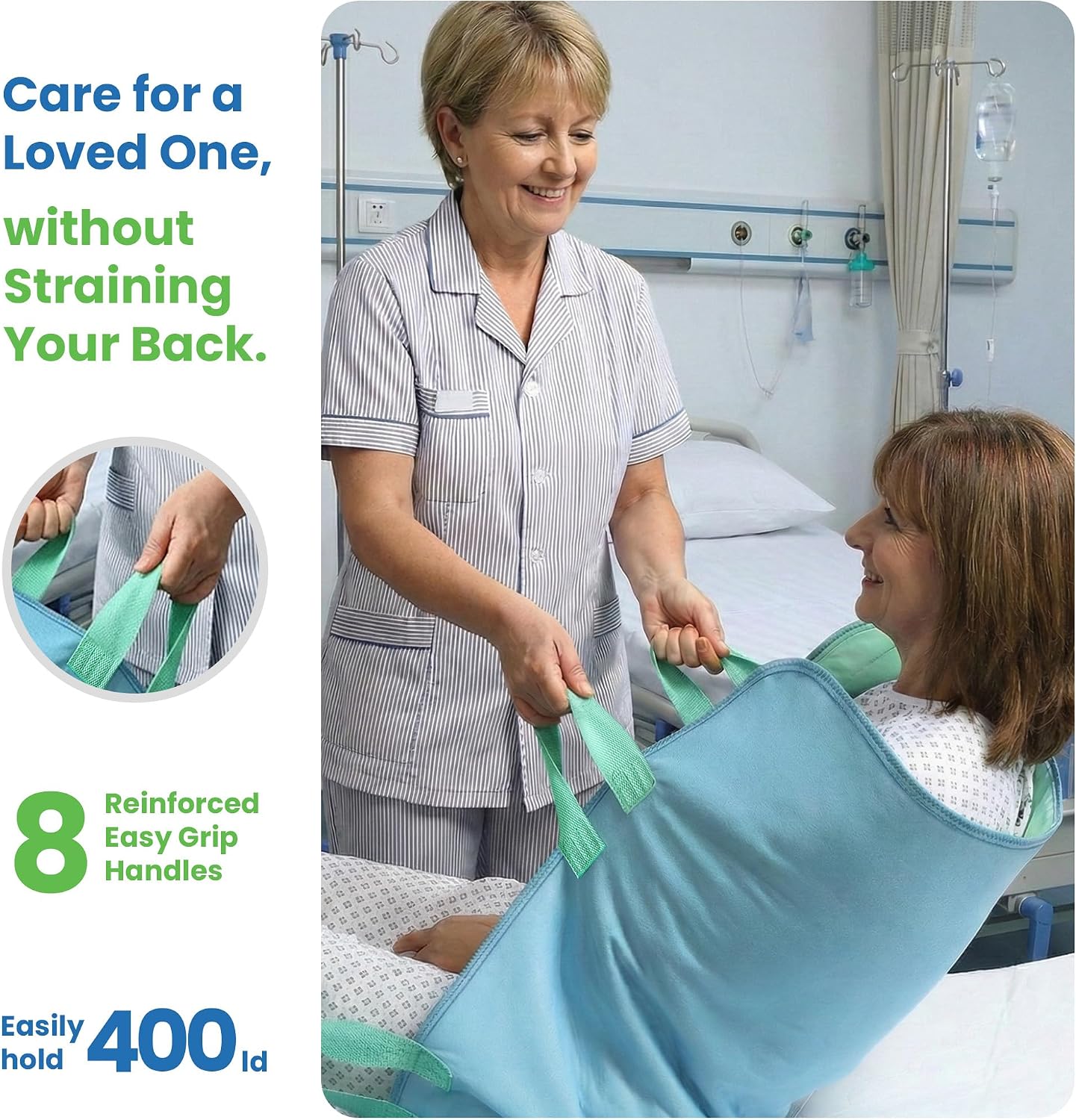Positioning Bed Pad, with 8 Reinforced Handles, Quick-Drying, Washable, Waterproof, for Lifting, Turning, Transfering, Elderly and Incontinence Patients (Green, 34"x52" - Pack of 1)