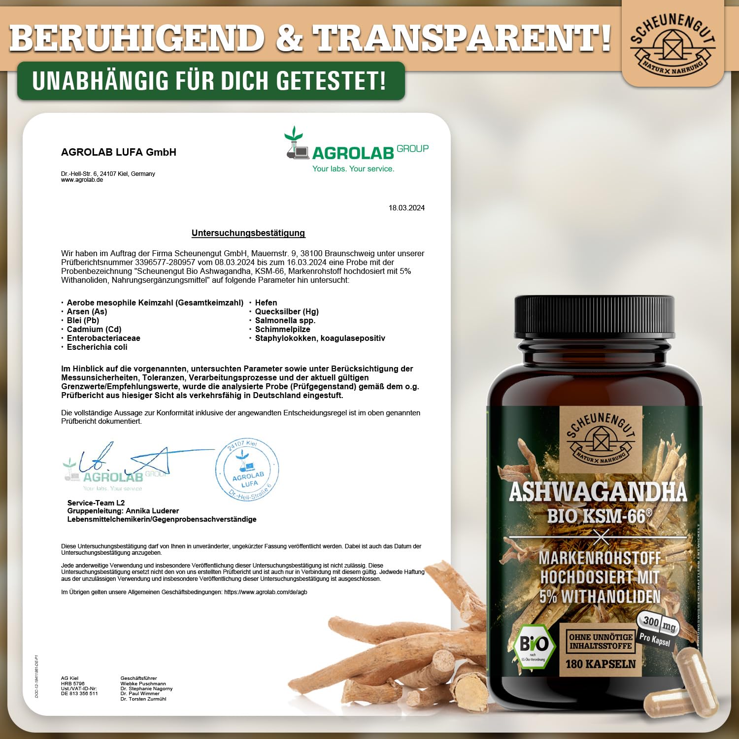 Ashwagandha KSM-66 BIO - 12:1 Extrakt (=3600mg reines Ashwagandha Wurzelpulver je Kapsel) MIT 5% Withanoliden -Ashwagandha Kapseln Hochdosiert- DE SCHEUNENGUT®