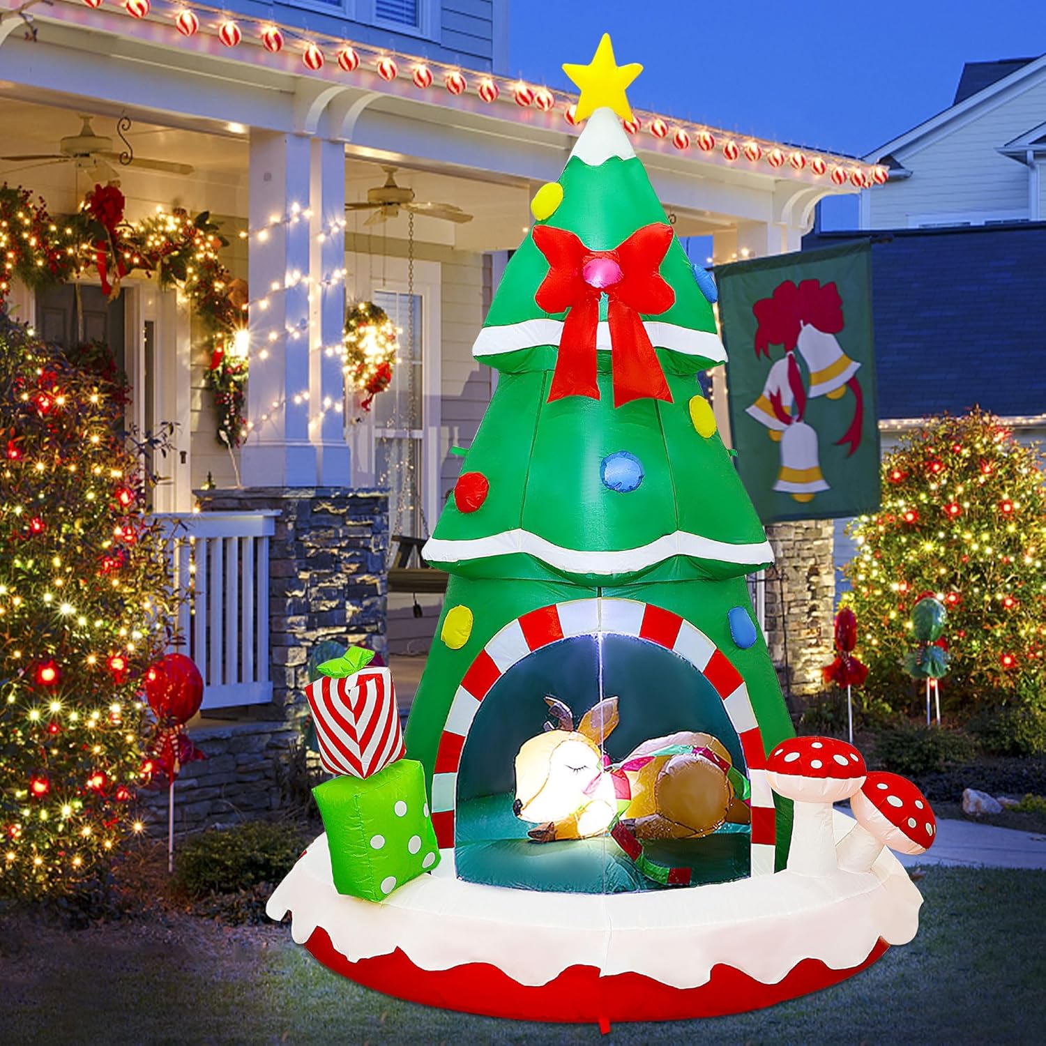 Joliyoou Christmas Inflatable Decoration, 7.2FT H Air-Blown Lighted Christmas Tree Sleeping Inside A Deer, Jumbo Blow Up Xmas Tree Adorned with Red Bow Gift Boxes for Outdoor Indoor Decor