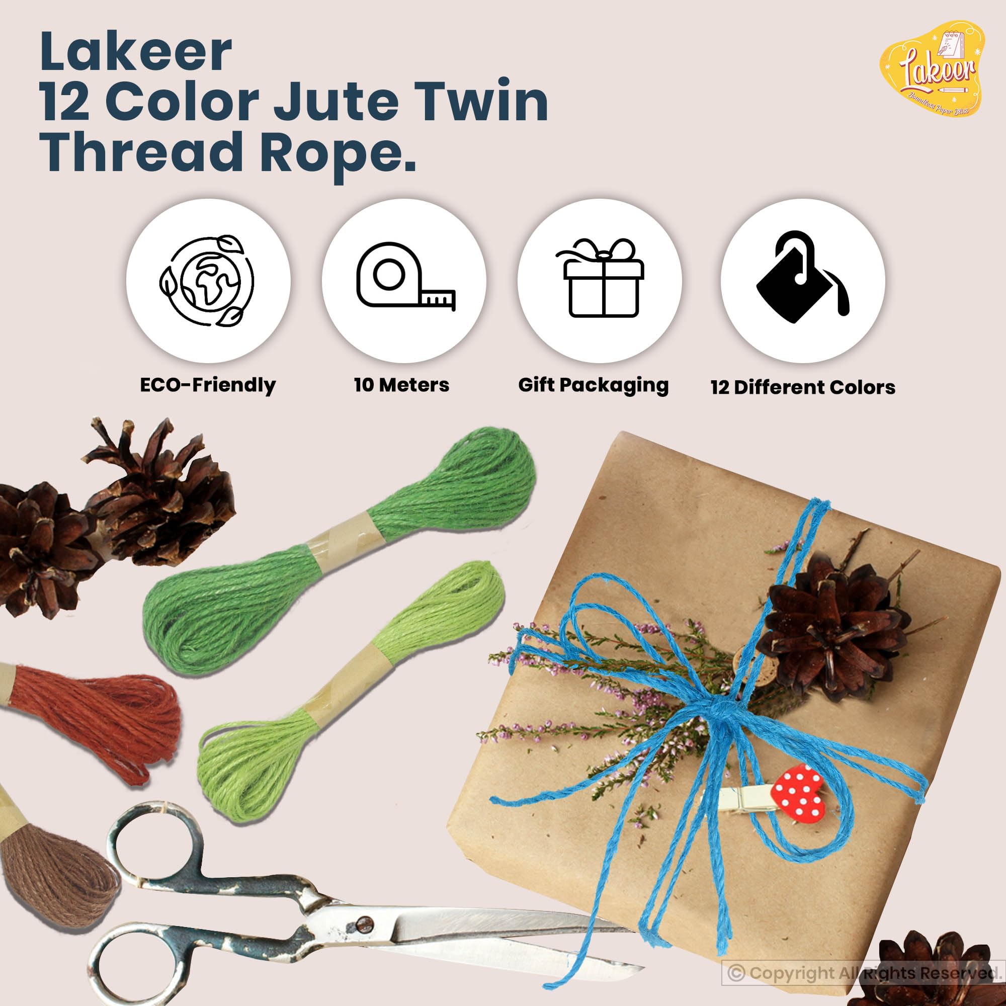 Lakeer 12 Color Jute Twin Thread Rope Multicolor 12 Colours 10 Meter Each for Art & Craft Decoration Gift Wrapping DIY Projects — Amazon image 3