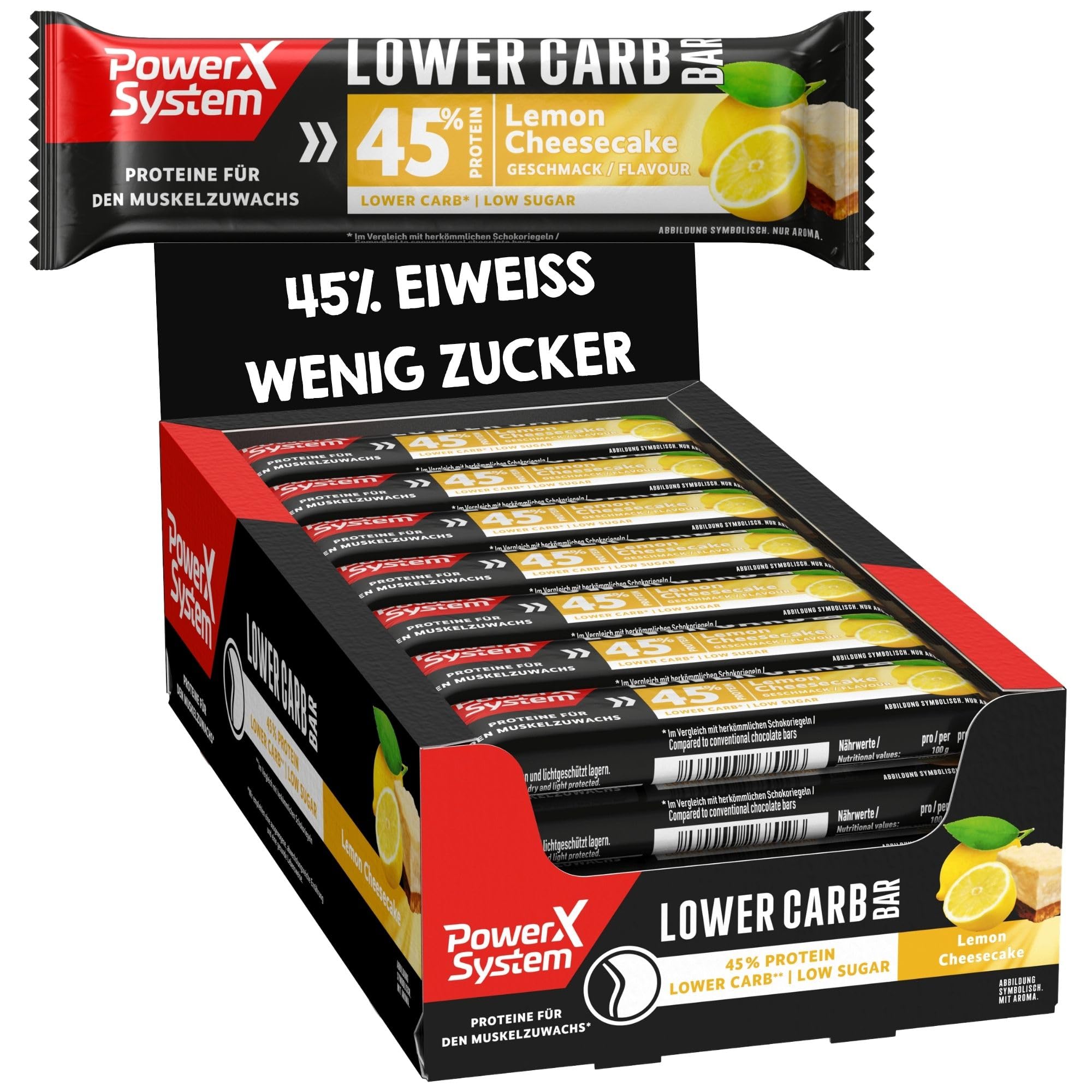 Power System Lower Carb Bar Lemon Cheescake 28x40g, 45% Eiweiß, Low Sugar, Low Carb, High Protein
