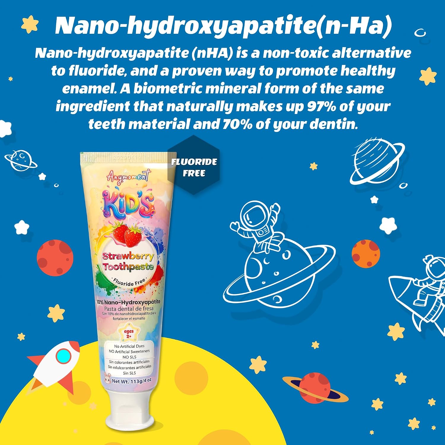 Anymoment Kids Toothpaste, 10% Nano Hydroxyapatite, Fluoride Free, 2-Pack