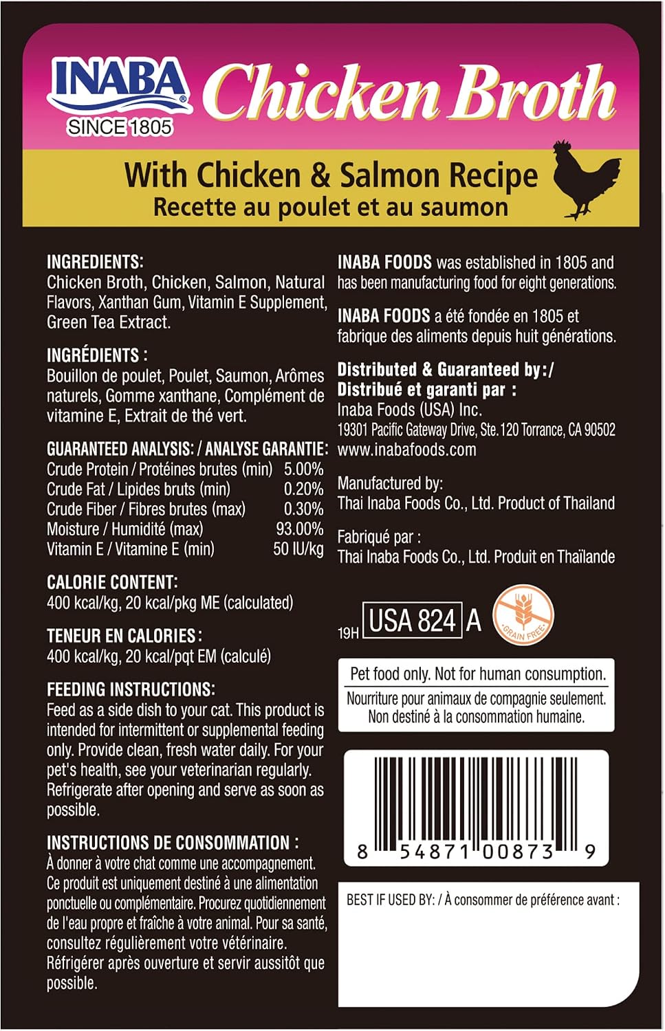 INABA Grain-Free Chicken Broth Side Dish/Complement/Topper/Treat for Cats with Vitamin E, 1.76 Ounces Each Pouch|6 Pouches Total