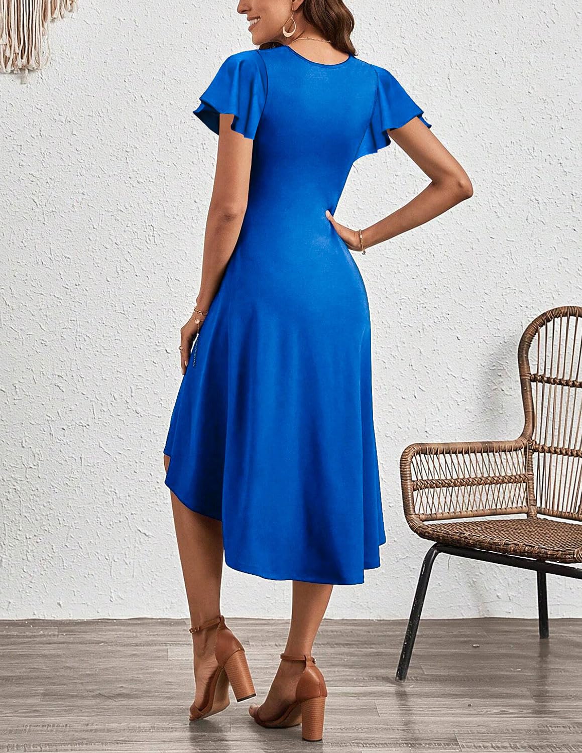 Vestito Donna Elegante da Cerimonia Abito Solido Pieghe in Vita Abito Midi con Linea ad A Vestiti da Cocktail Estivi con Maniche a Volante